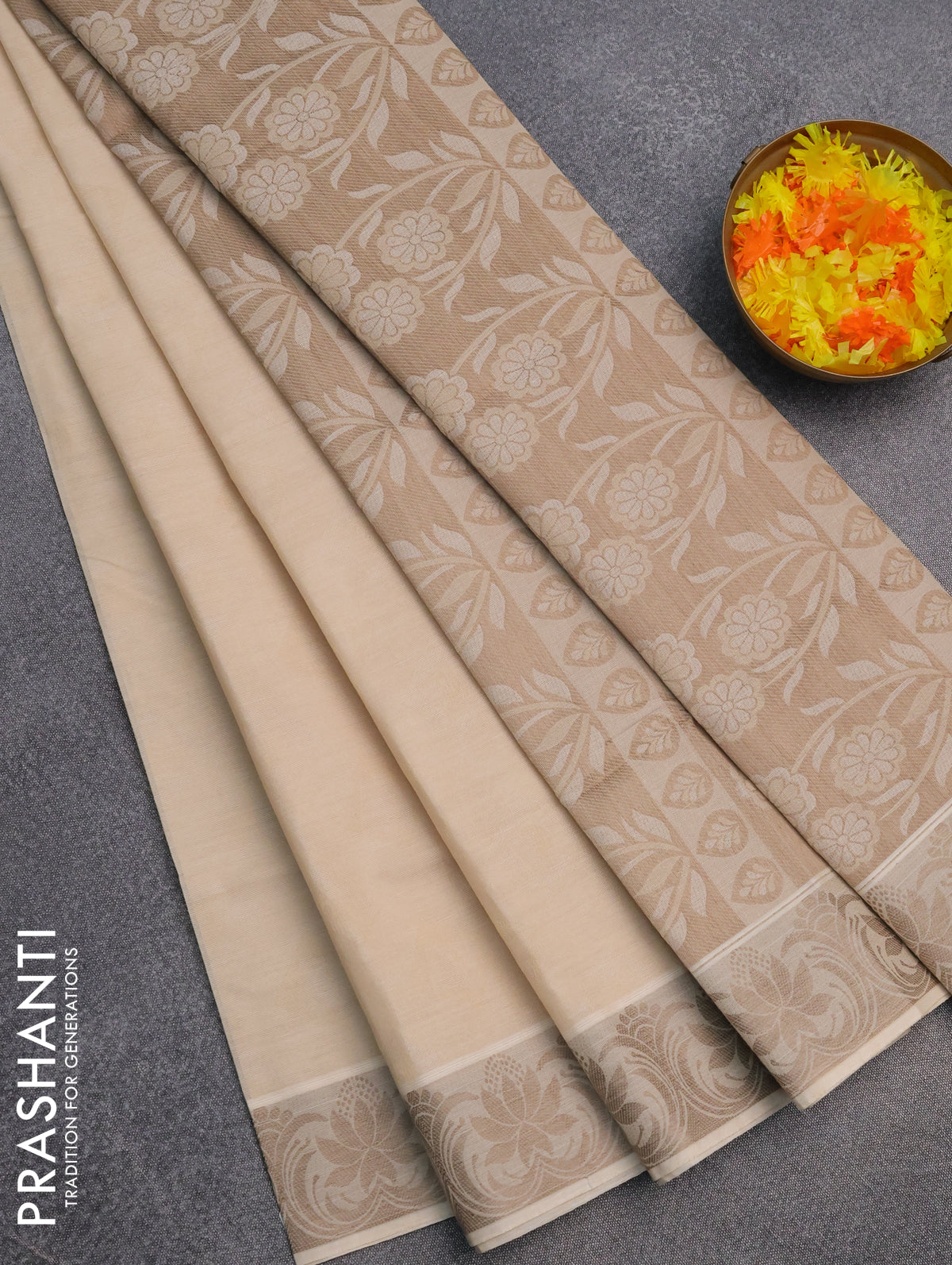 Coimbatore cotton saree cream and beige with allover self emboss and thread woven border