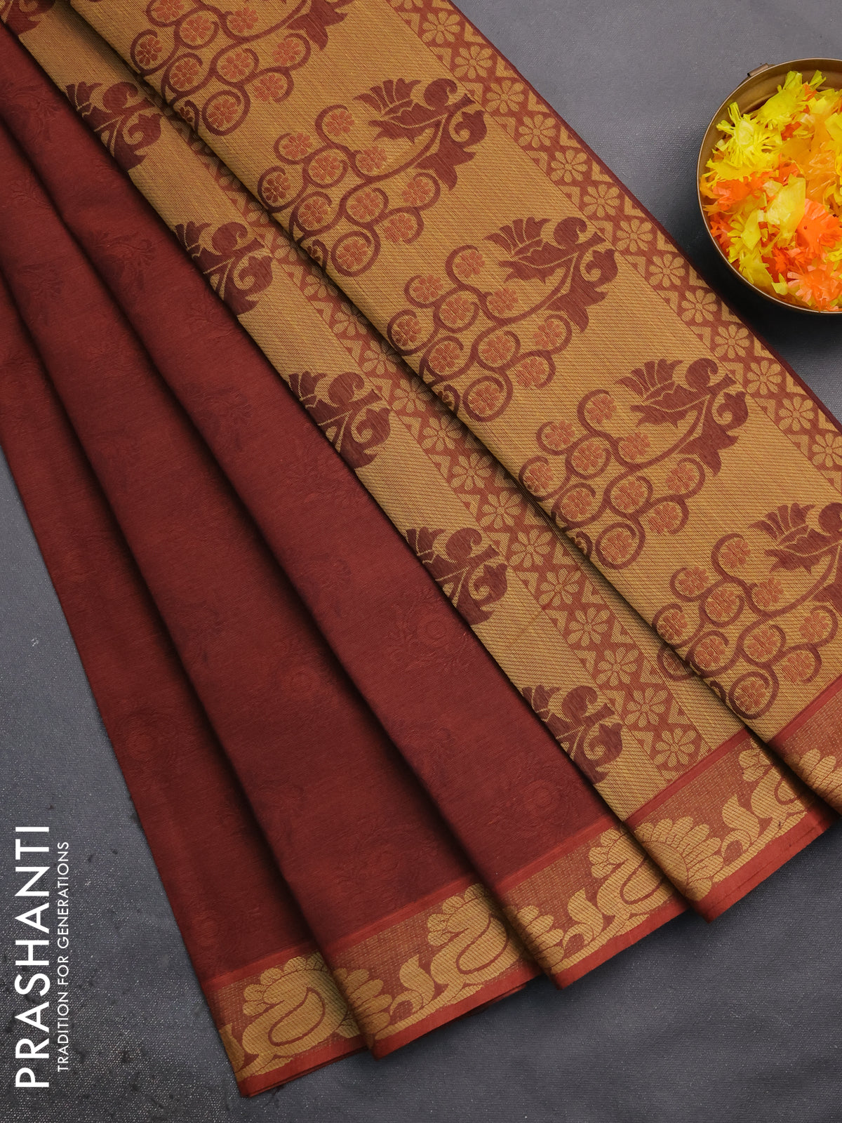 Coimbatore cotton saree brown shade with allover self emboss and thread woven border