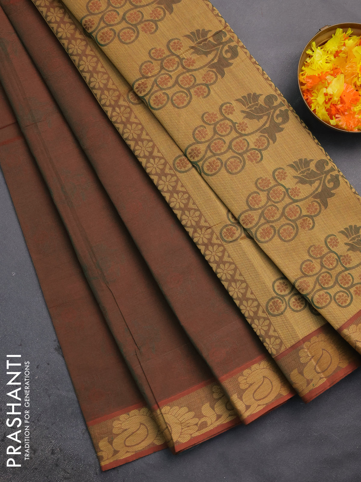 Coimbatore cotton saree dual shade of greenish maroon with allover self emboss and thread woven border
