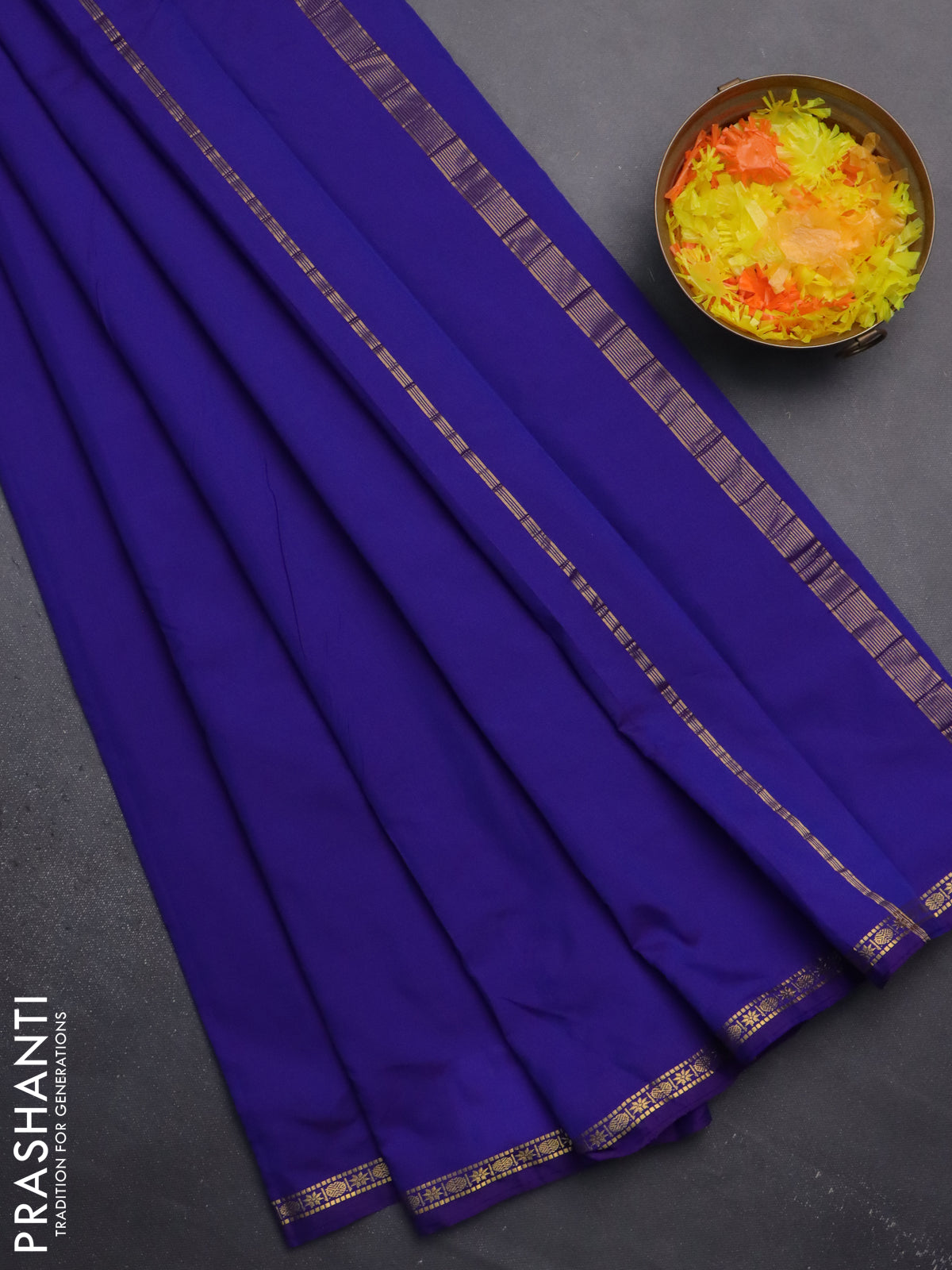 Arani semi silk saree royal blue with plain body and small zari woven border
