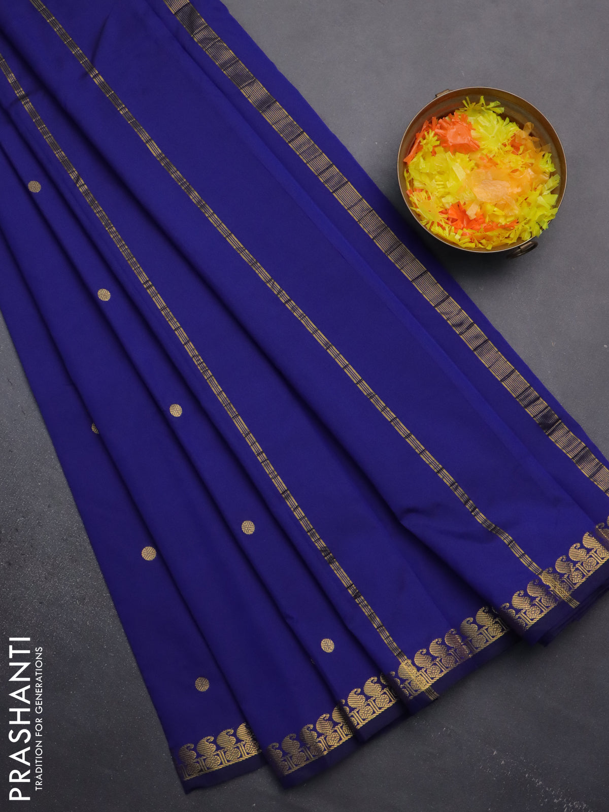 Arani semi silk saree dark blue with rudhraksha & paisley zari woven buttas and zari woven border