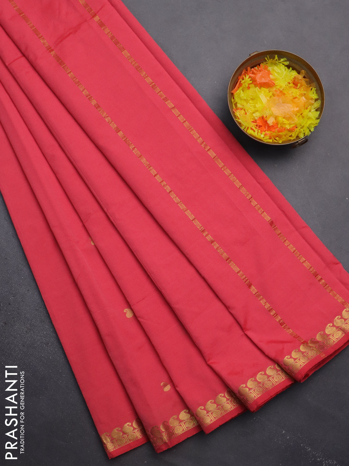 Arani semi silk saree peach shade with rudhraksha & paisley zari woven buttas and zari woven border