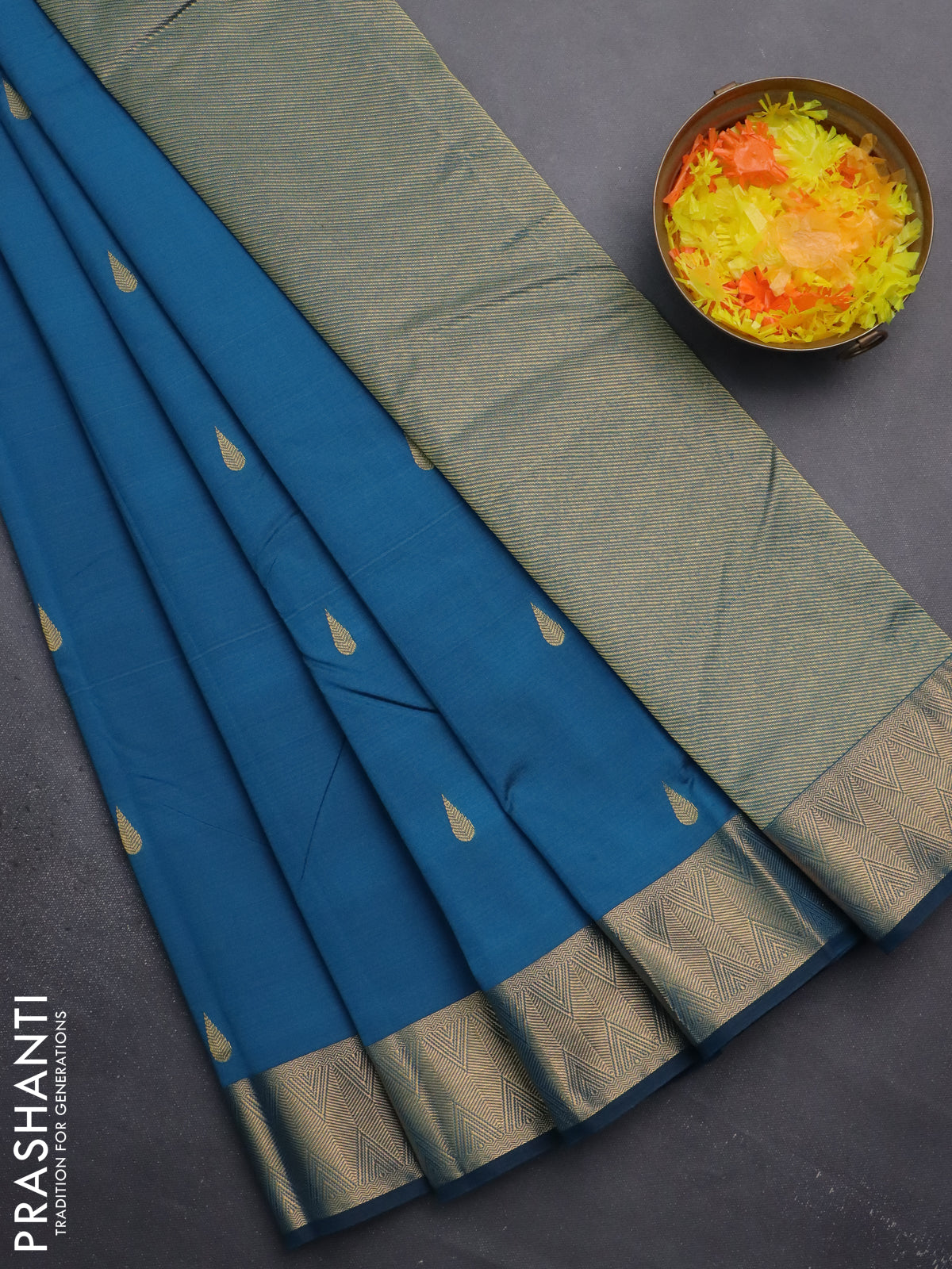 Arani semi silk saree peacock blue with zari woven thilak buttas and zari woven border