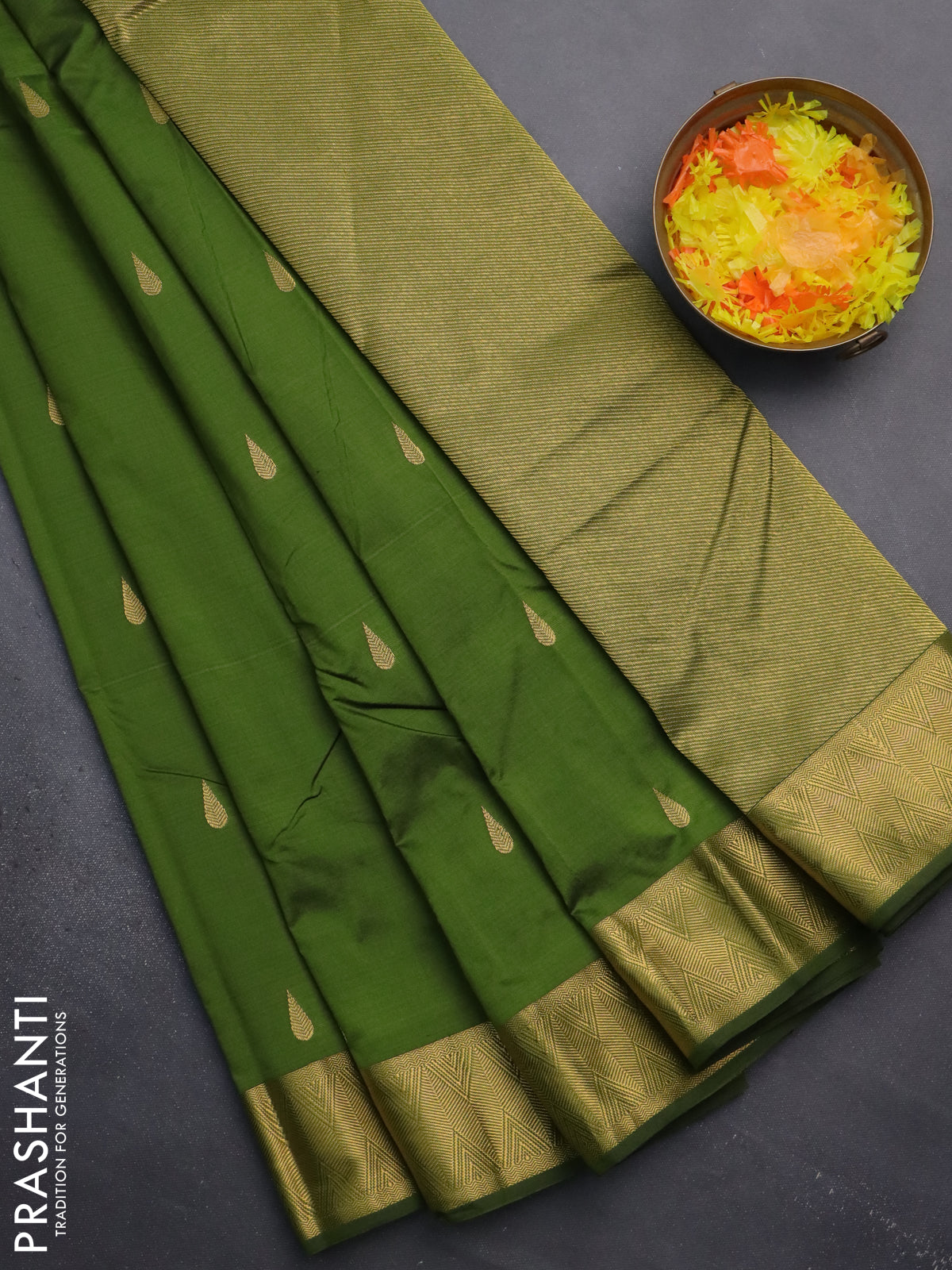 Arani semi silk saree sap green with zari woven thilak buttas and zari woven border