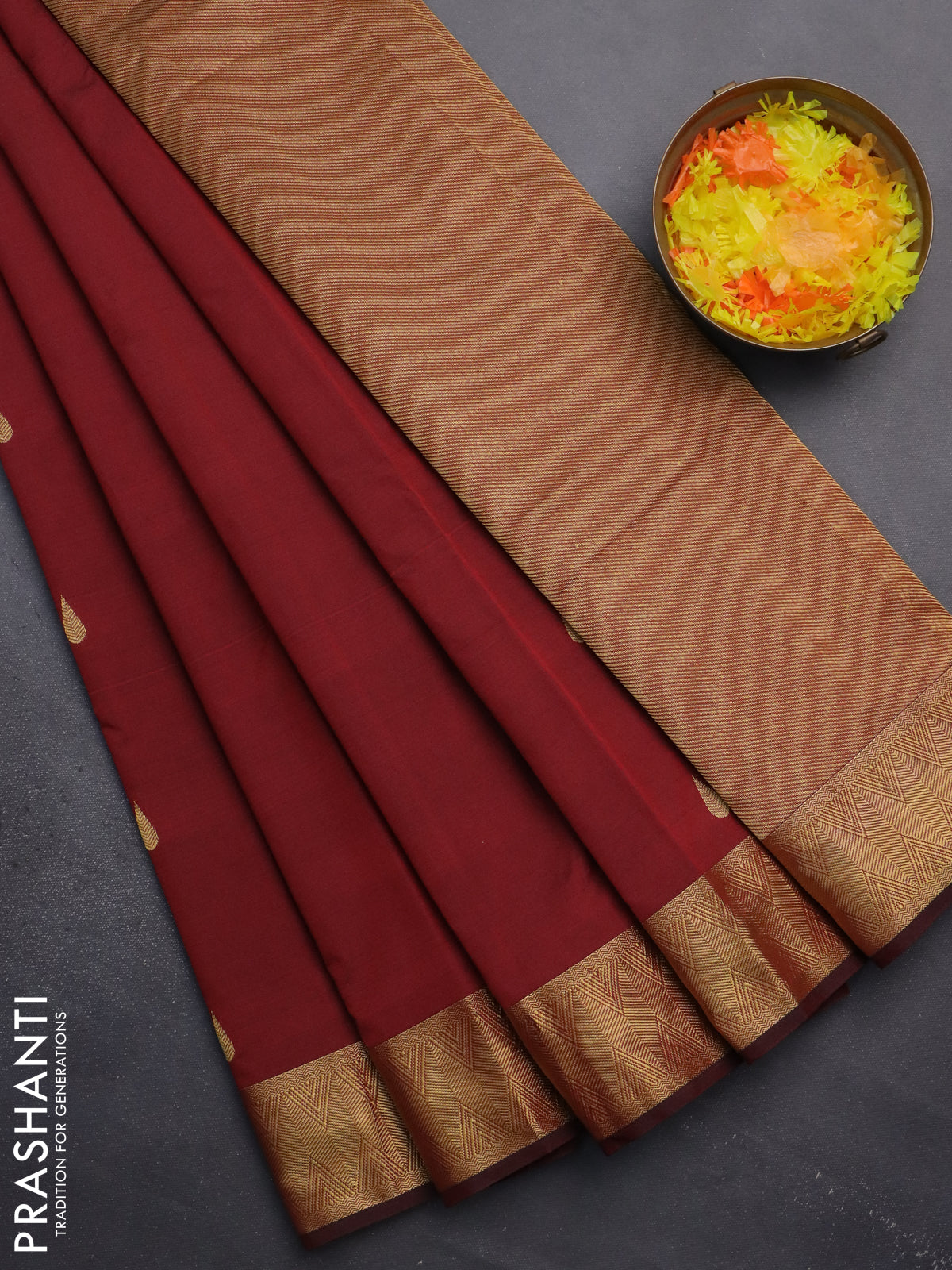 Arani semi silk saree maroon with zari woven thilak buttas and zari woven border