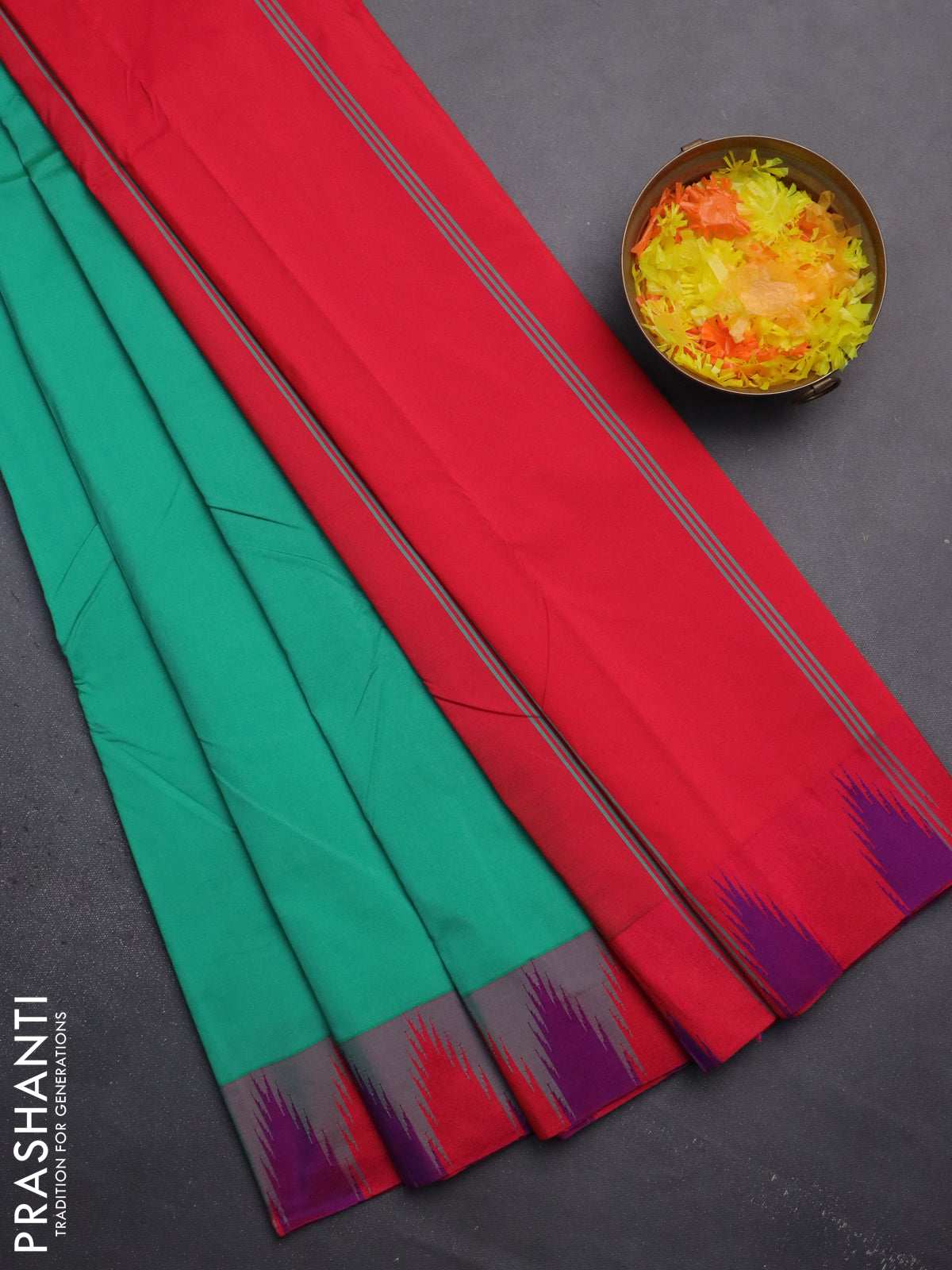 Arani semi silk saree teal green and dual shade of bluish pink with plain body and temple design border