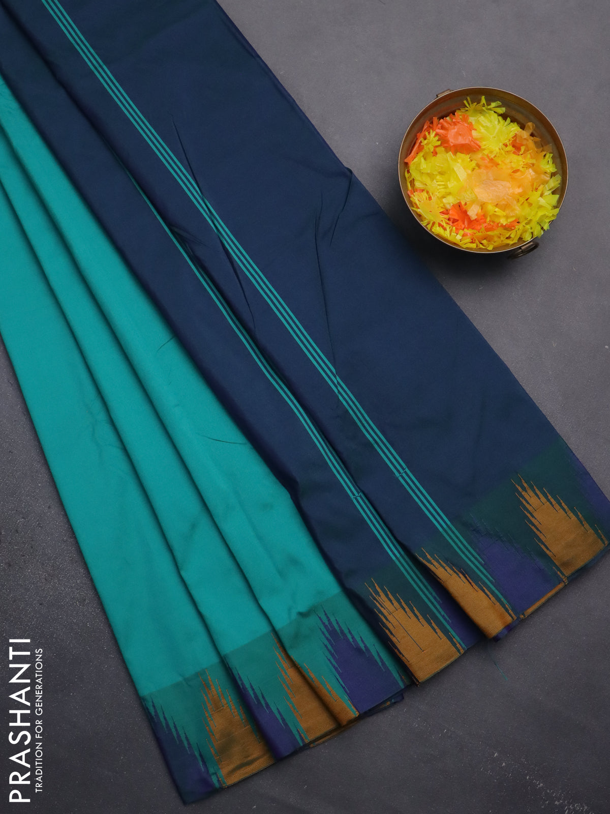 Arani semi silk saree teal green and blue mustard with plain body and temple design border