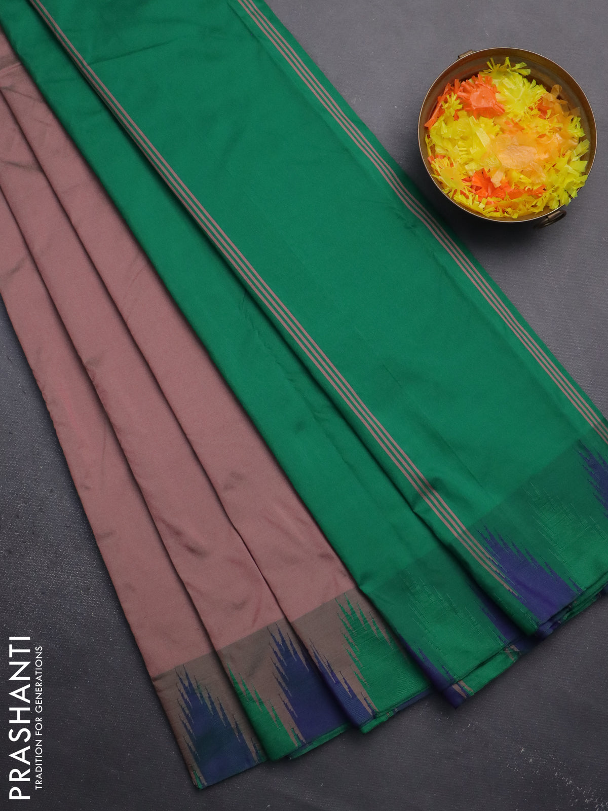 Arani semi silk saree pastel pink and green with plain body and temple design border
