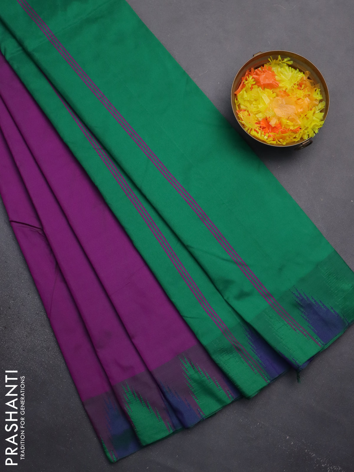 Arani semi silk saree purple and dual shade of green with plain body and temple design border