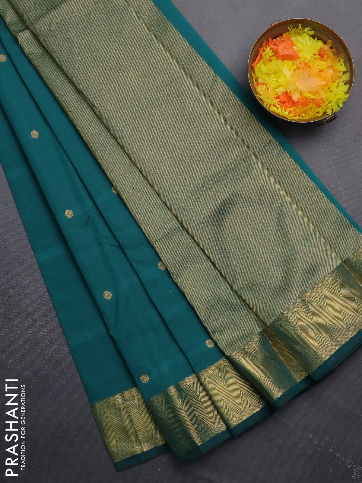 Arani semi silk saree peacock green with zari woven rudhraksha buttas and zari woven border