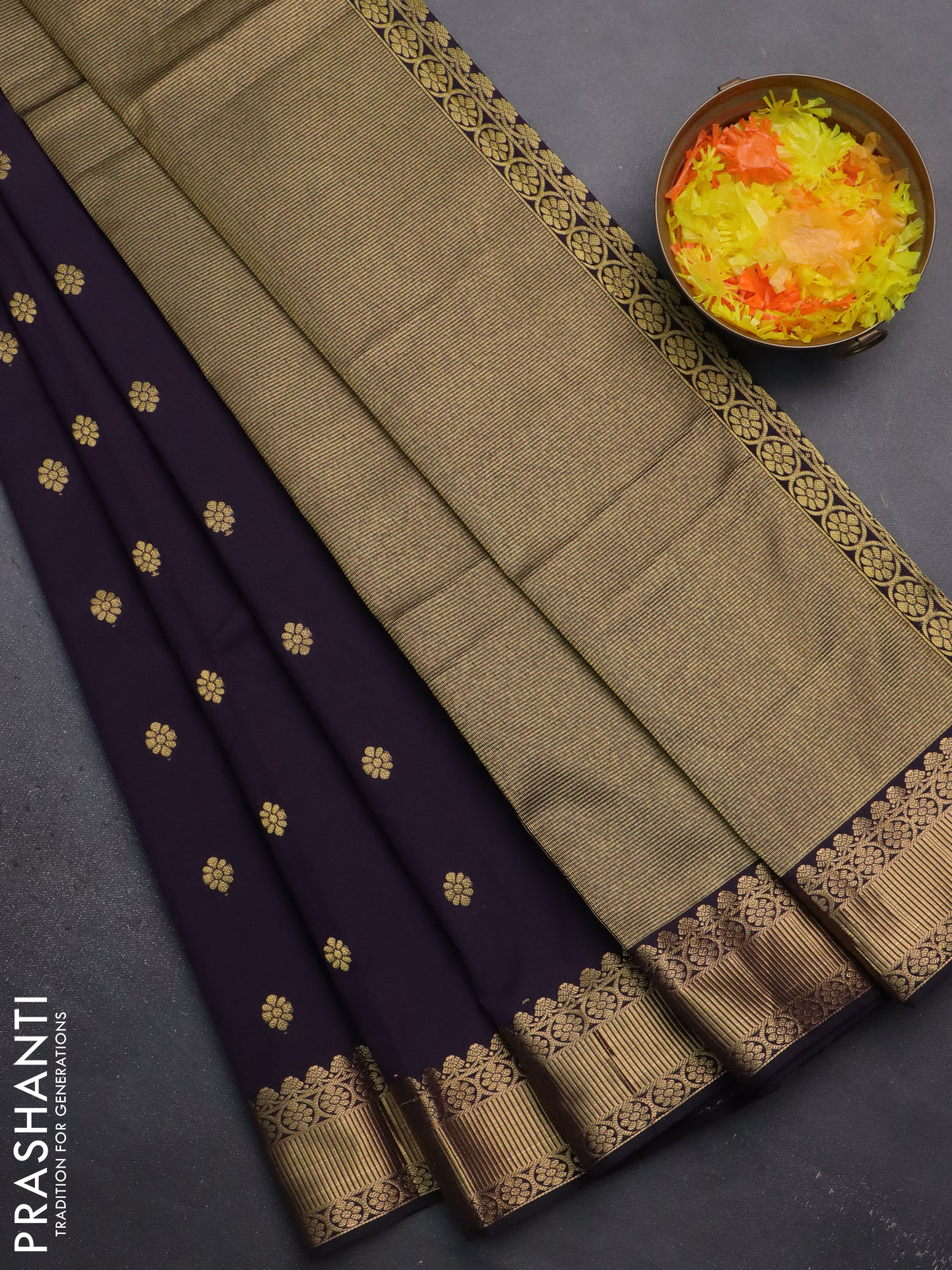 Arani semi silk saree deep violet with zari woven floral buttas and zari woven border