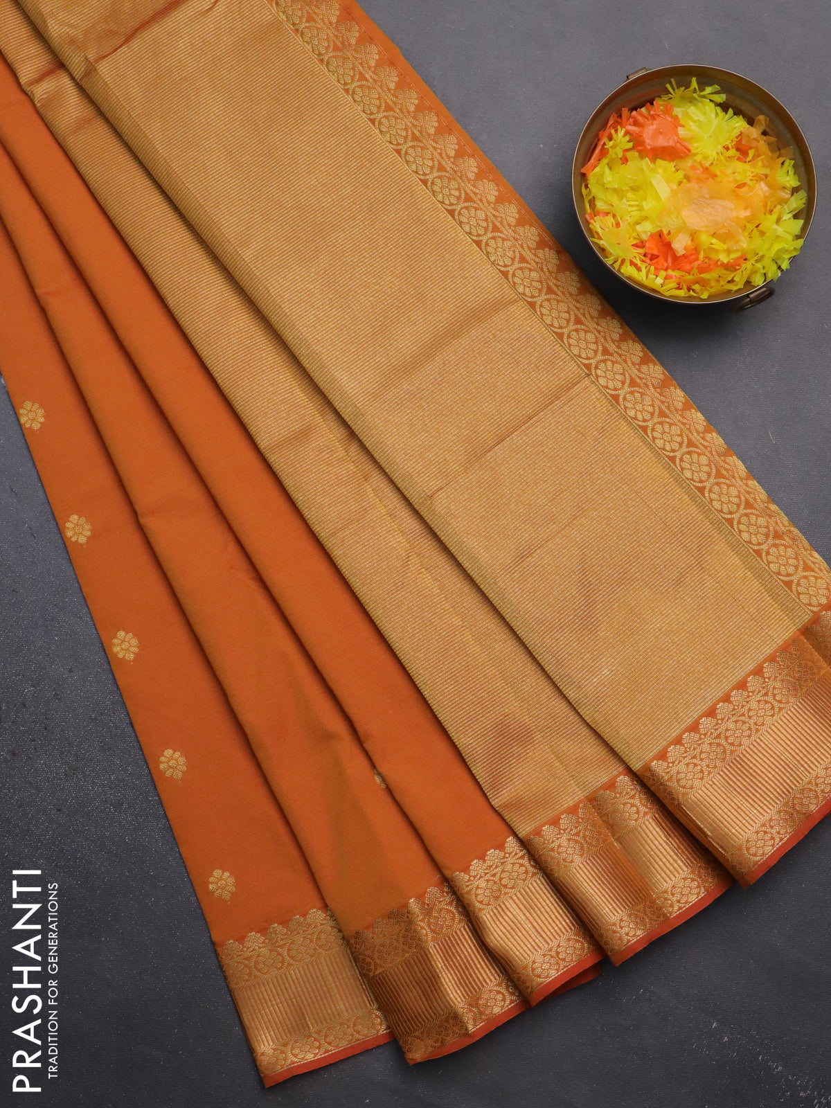 Arani semi silk saree dual shade of mustard with zari woven floral buttas and zari woven border