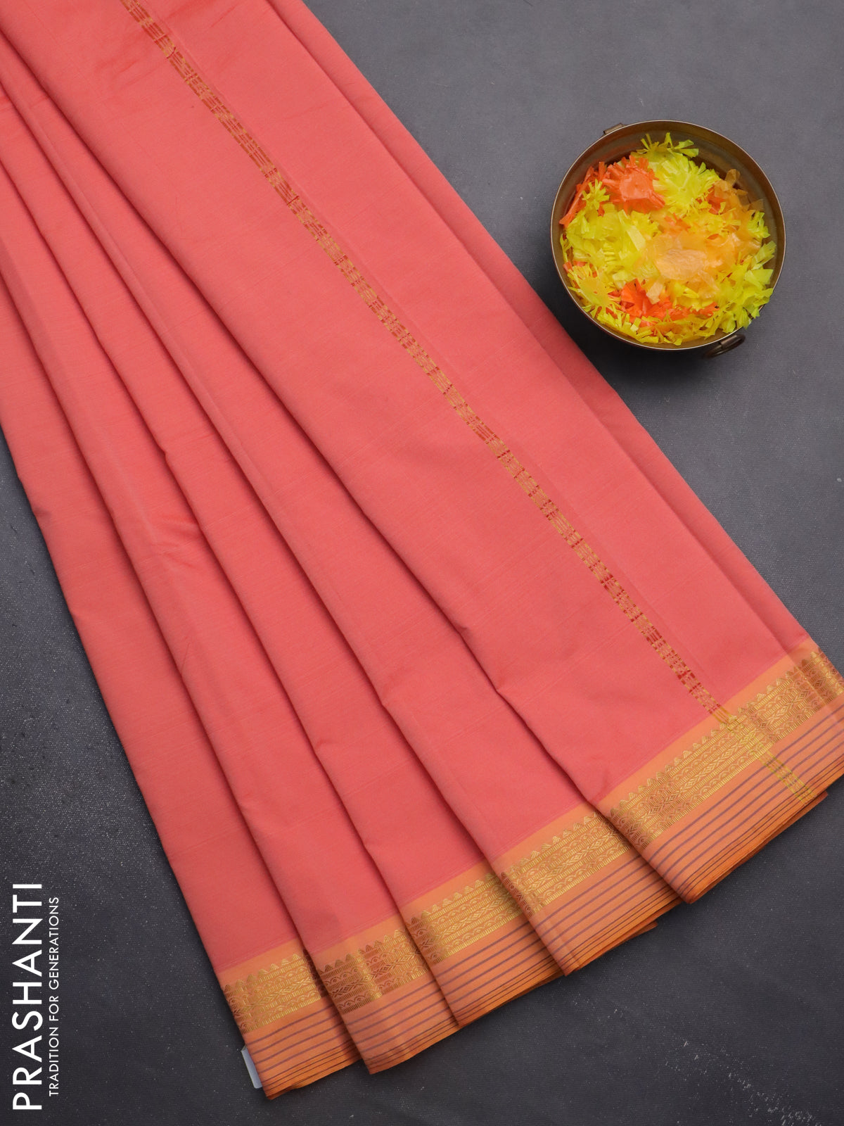 Arani semi silk saree peach shade and mustard yellow with plain body and zari woven simple border