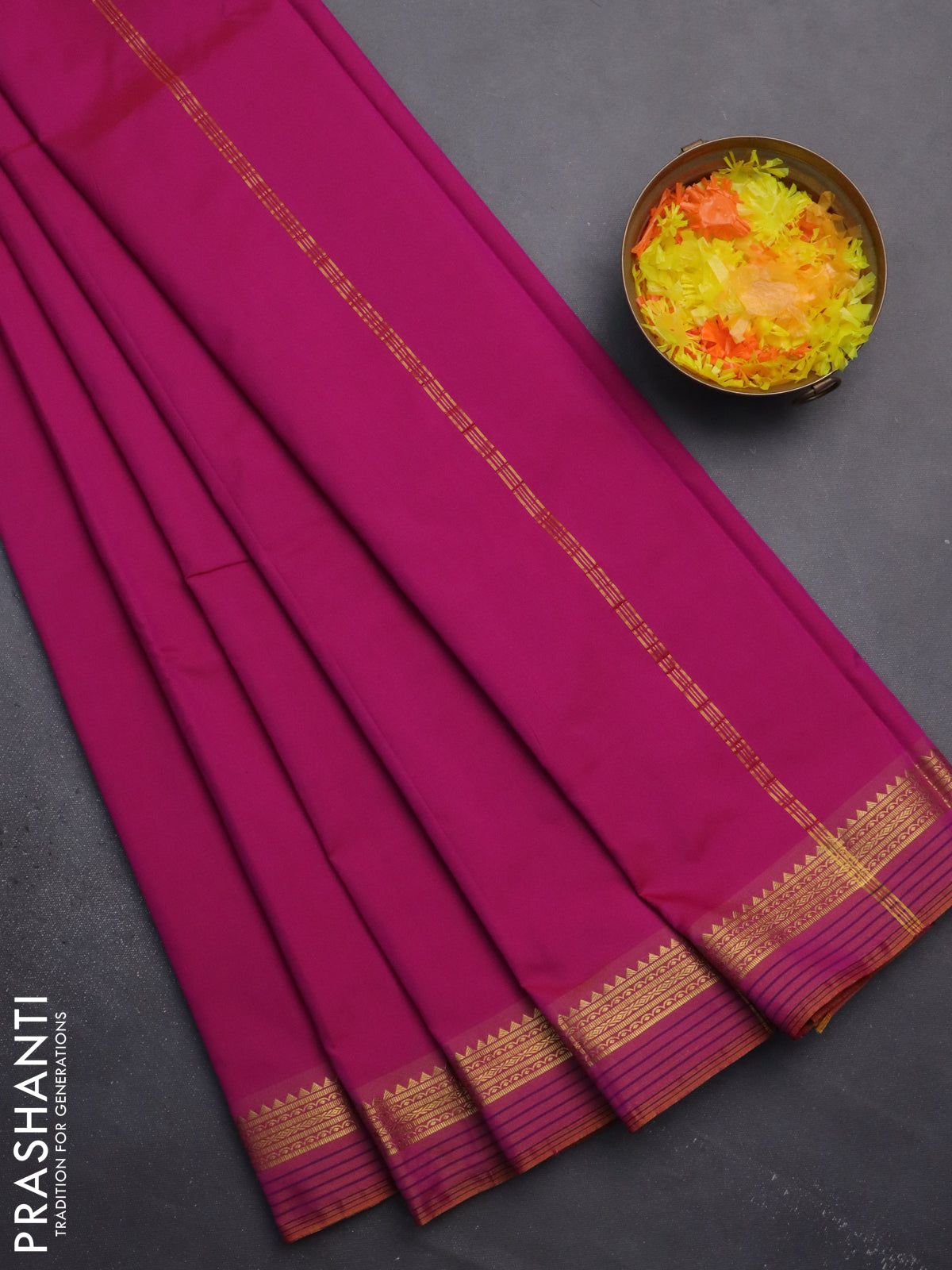 Arani semi silk saree magenta pink and dark mustard with plain body and zari woven simple border