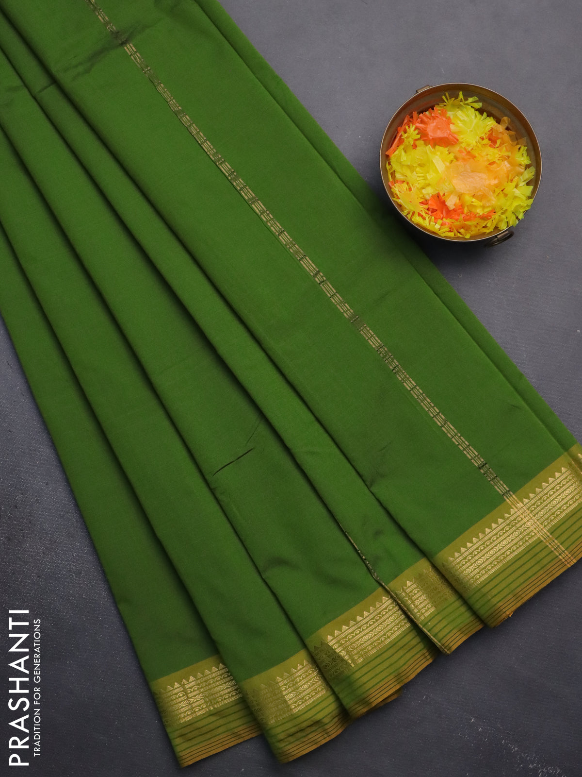 Arani semi silk saree sap green and dark mustard with plain body and zari woven simple border