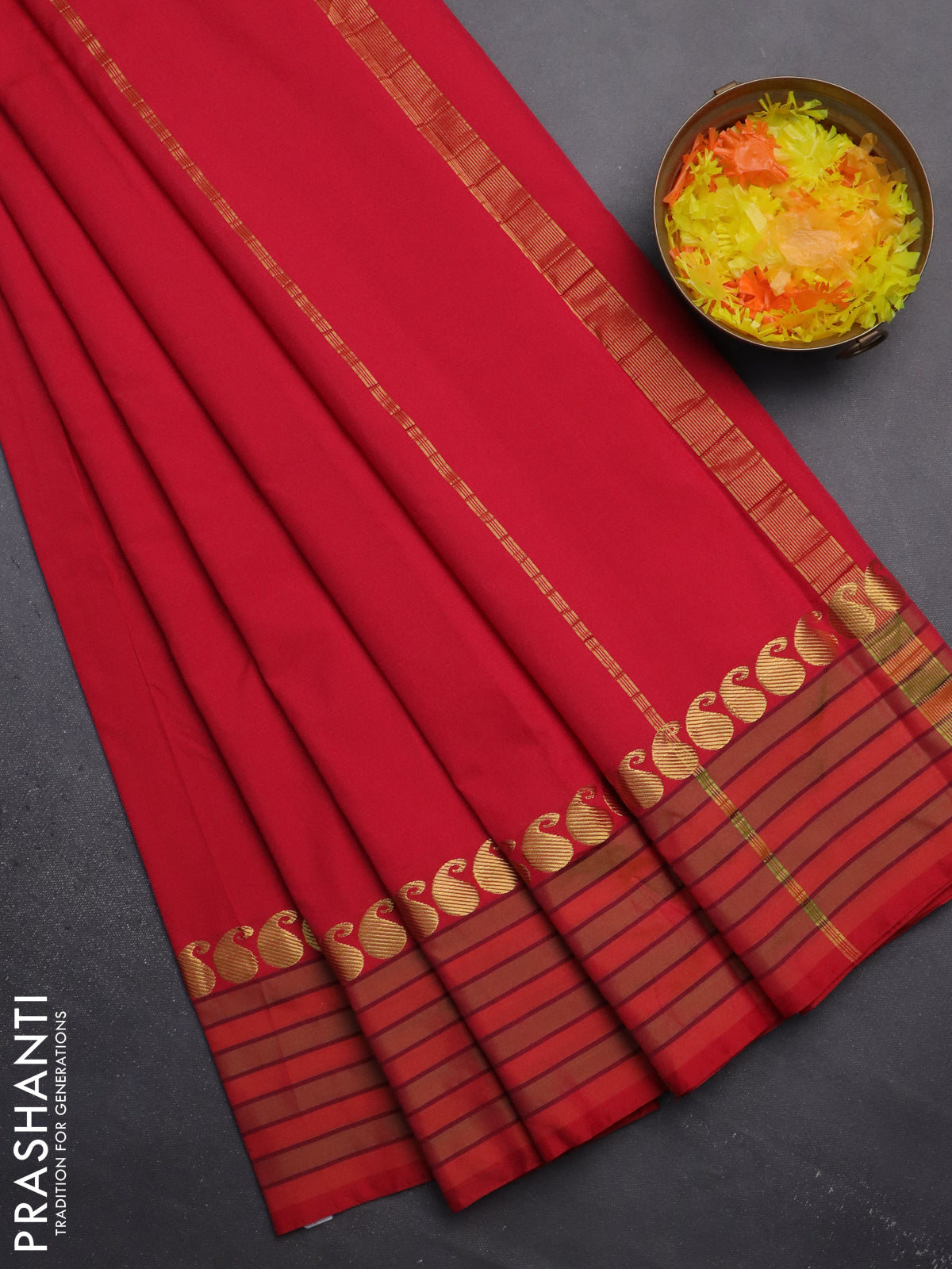 Arani semi silk saree red and light green with plain body and paisley zari woven simple border