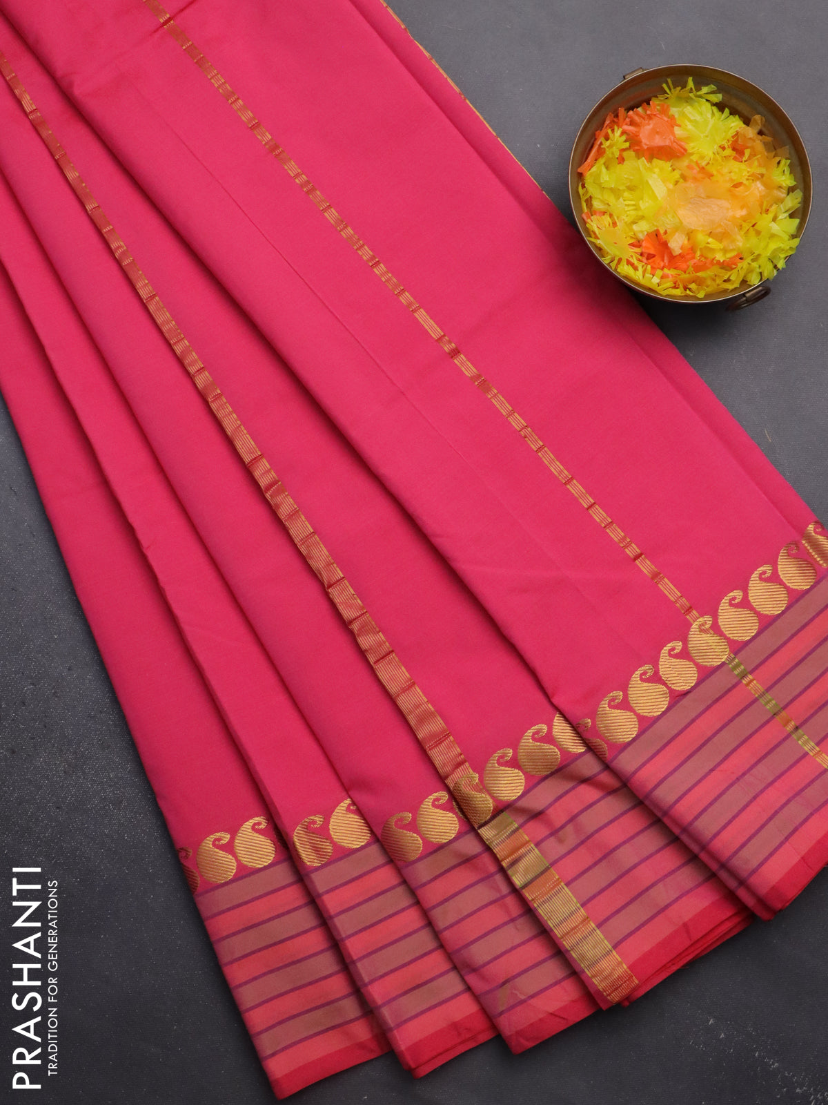 Arani semi silk saree peach pink with plain body and paisley zari woven simple border