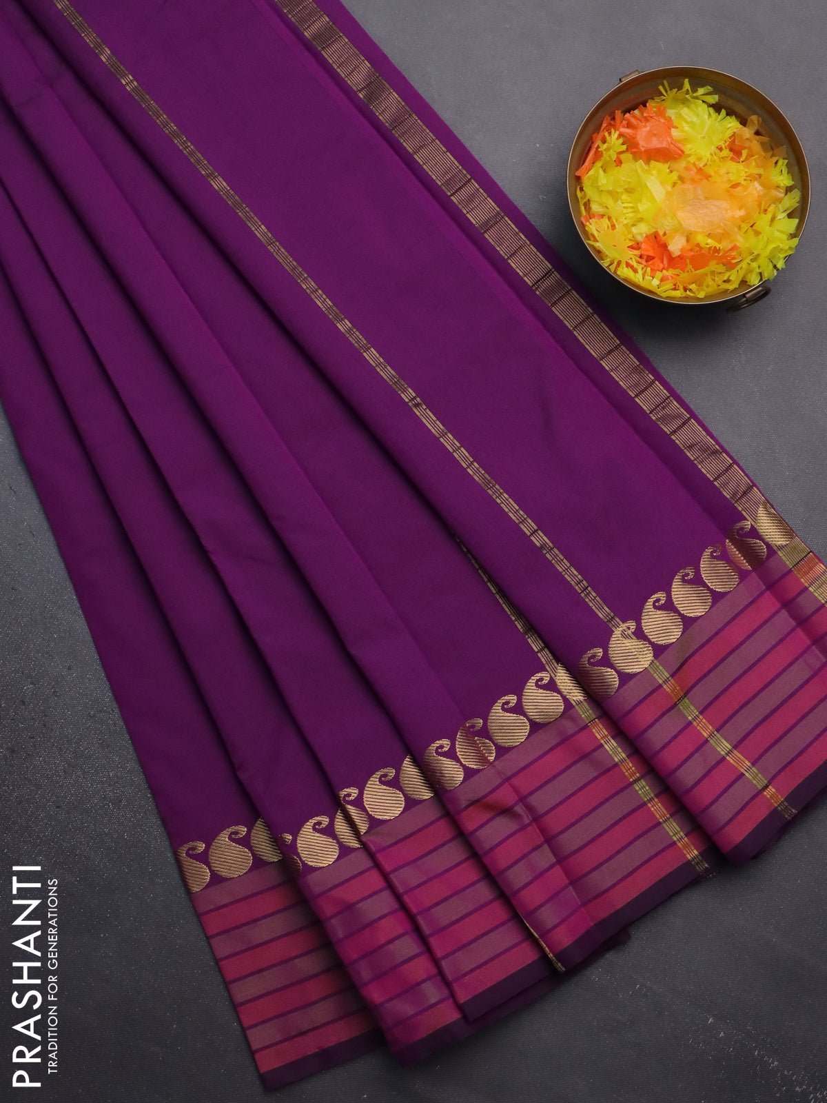 Arani semi silk saree purple and green shade with plain body and paisley zari woven simple border