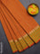 Arani semi silk saree dual shade of mustard yellow and light green with plain body and paisley zari woven simple border