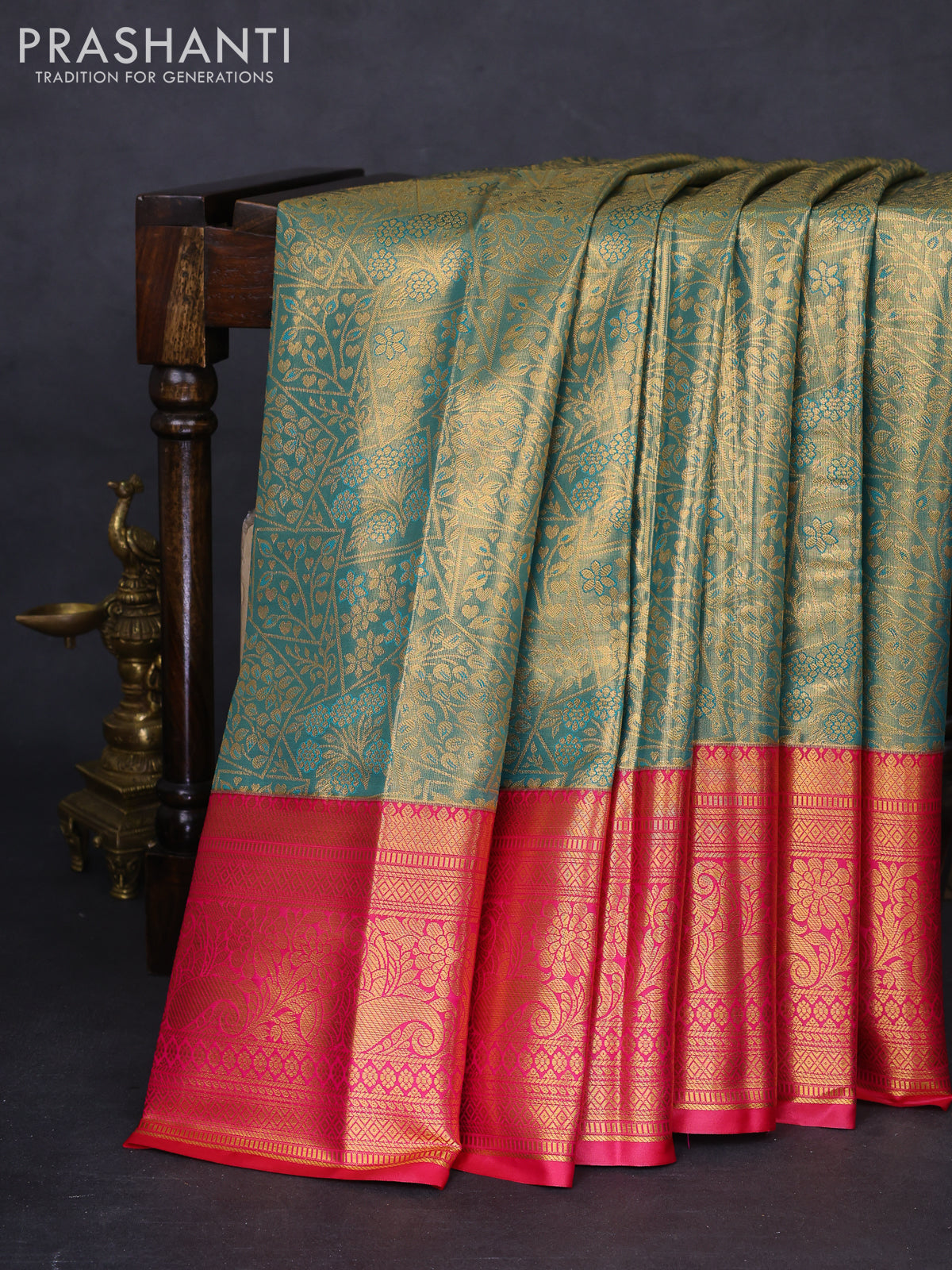 Bangalori tissue silk saree green shade and pink with allover zari woven brocade weaves and long zari woven border