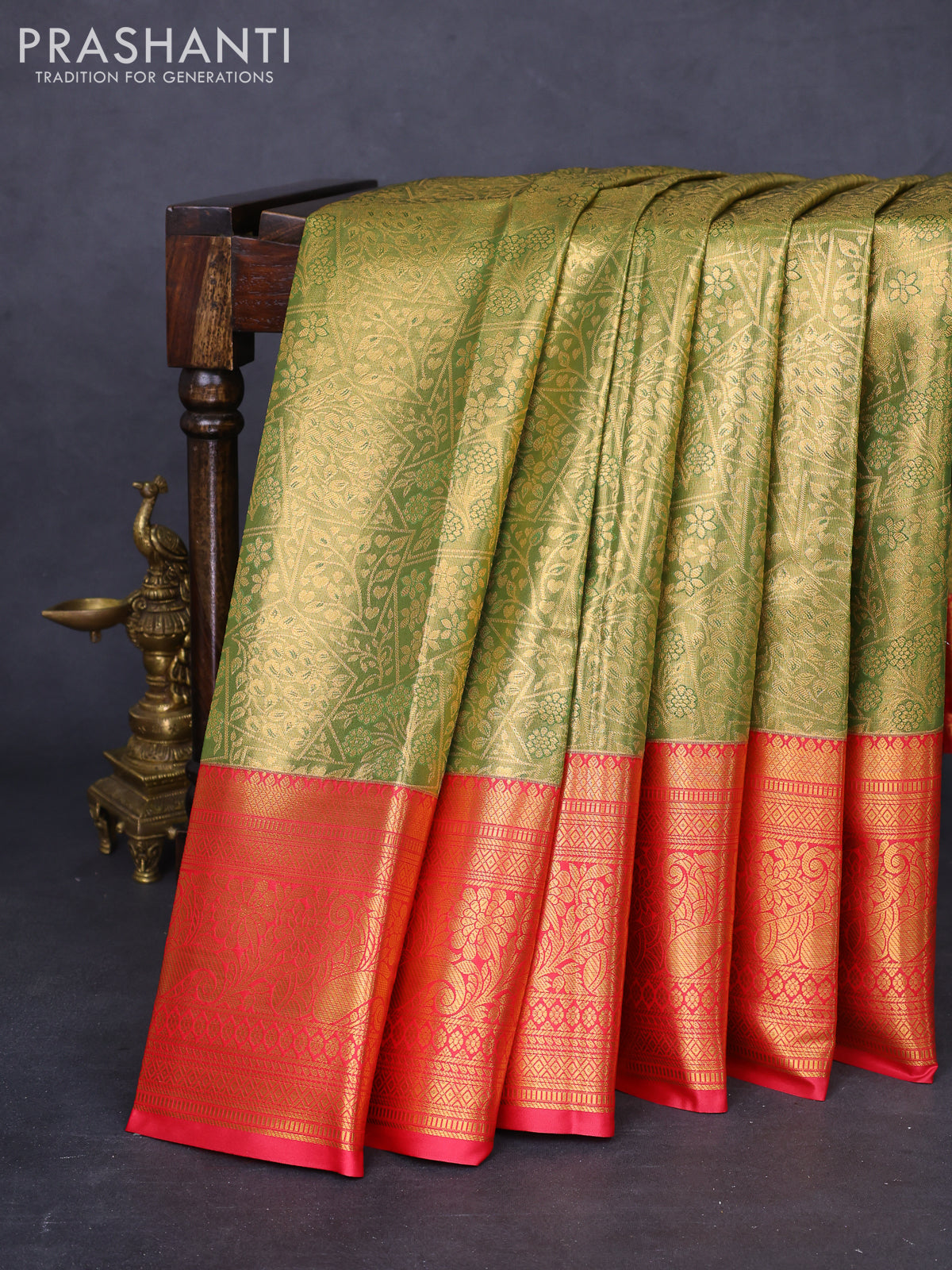 Bangalori tissue silk saree dual shade of mehendi green and reddish pink with allover zari woven brocade weaves and long zari woven border