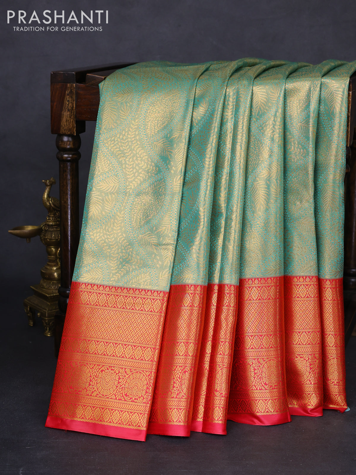 Bangalori tissue silk saree teal green shade and red with allover zari woven brocade weaves and long zari woven border