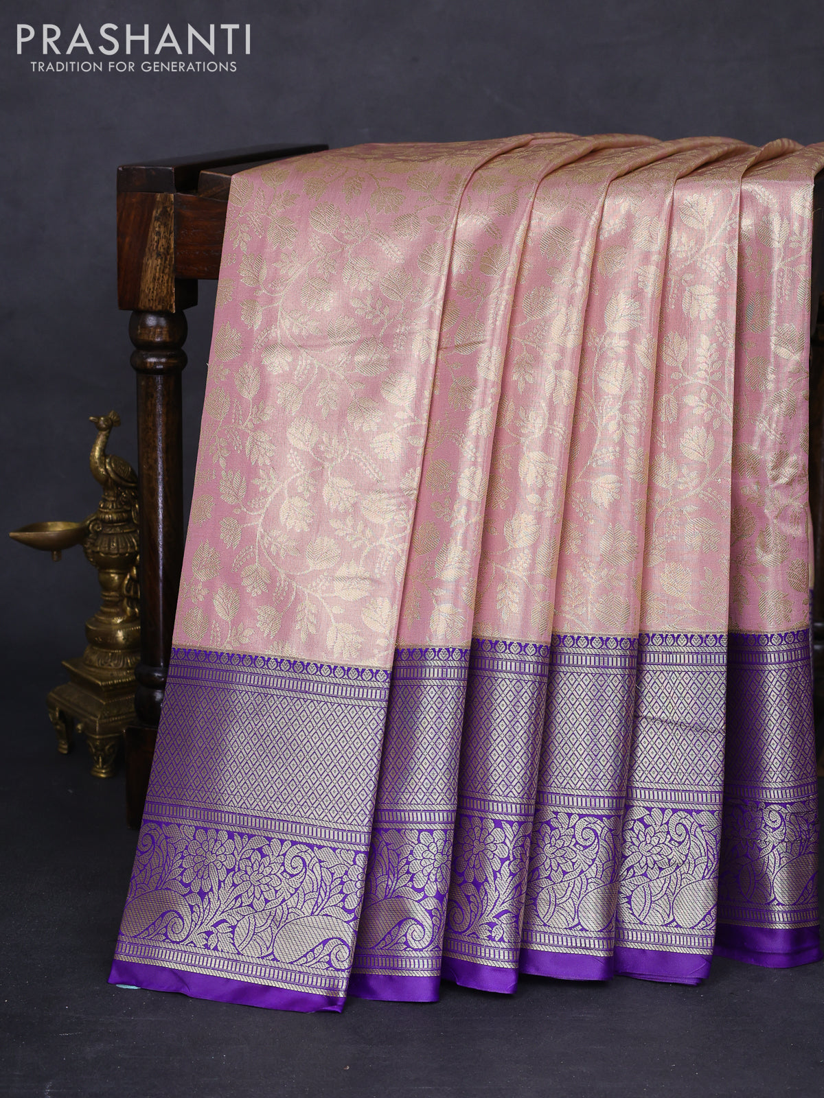 Bangalori tissue silk saree mild peach pink and violet with allover zari woven brocade weaves and long zari woven border