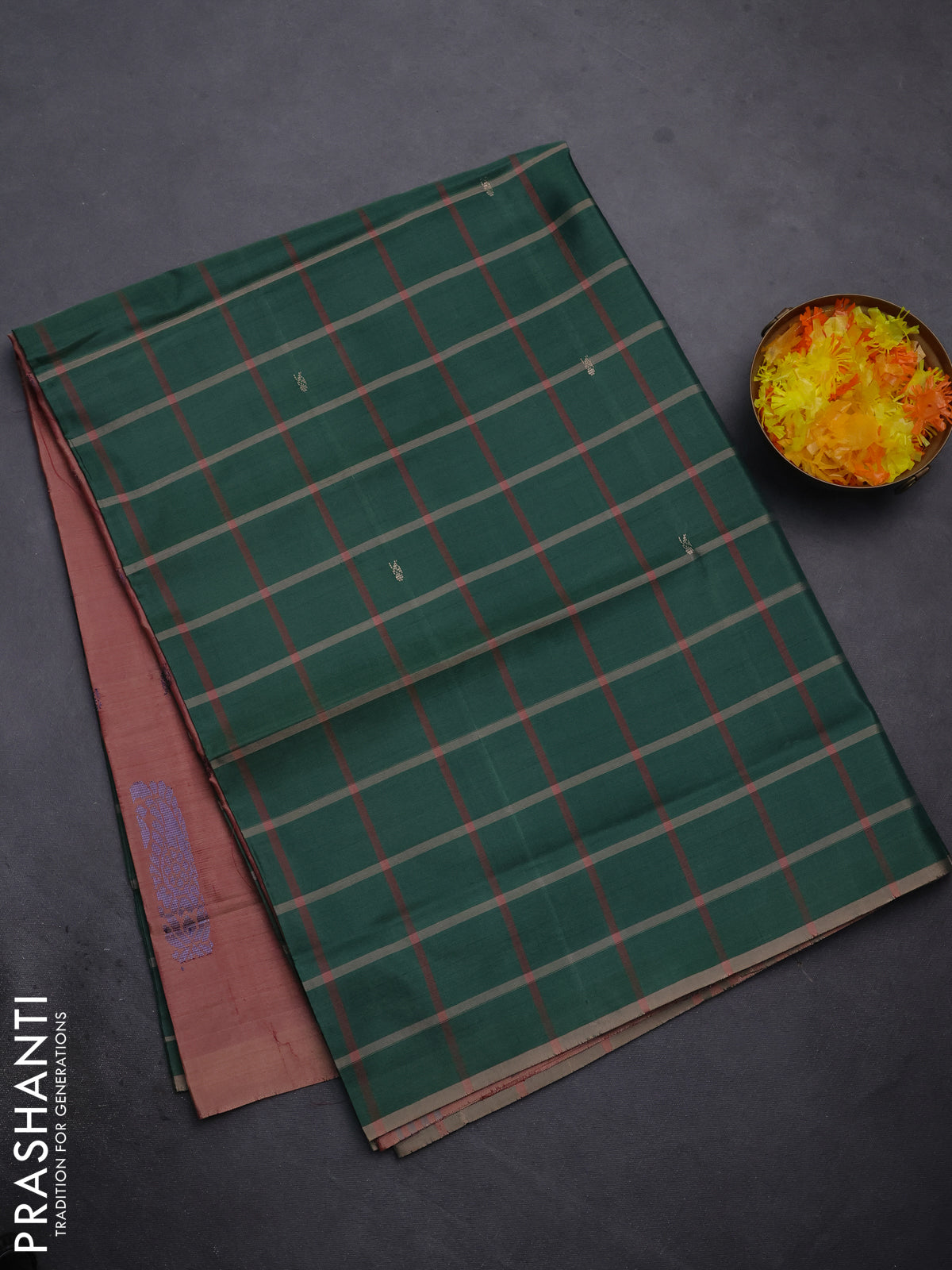 Banana pith saree bottle green and pastel maroon with allover checked pattern and piping border