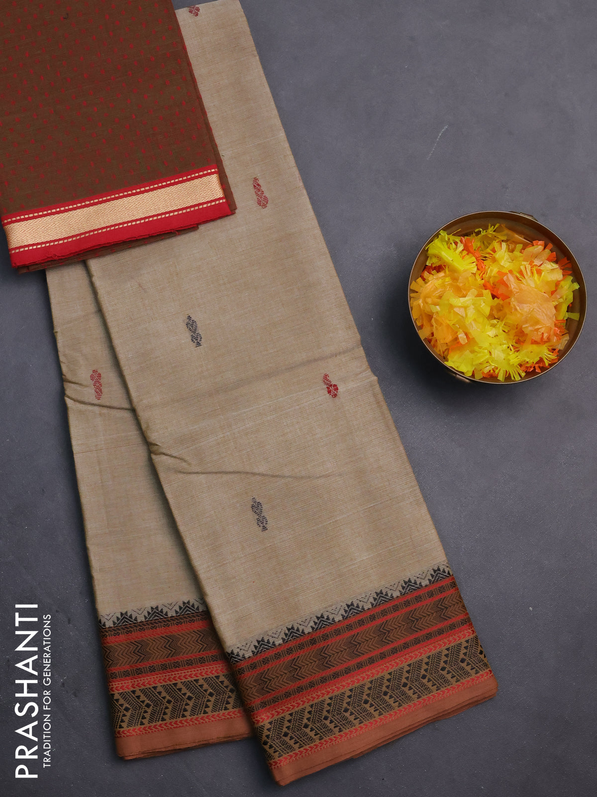 Chettinad cotton saree beige and brown with thread woven buttas and thread woven border