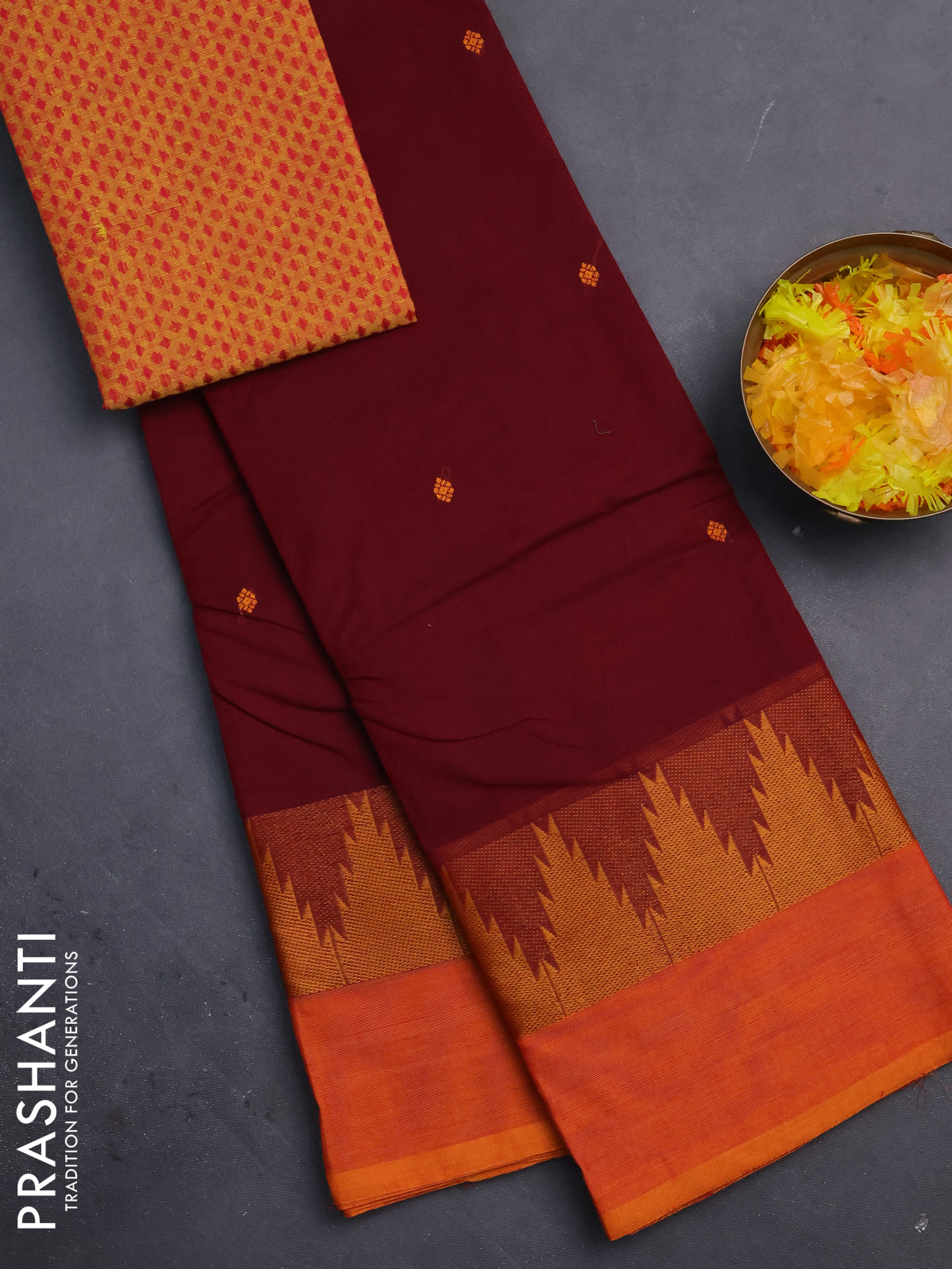 Chettinad cotton saree maroon and orange with thread woven buttas and temple thread woven simple border