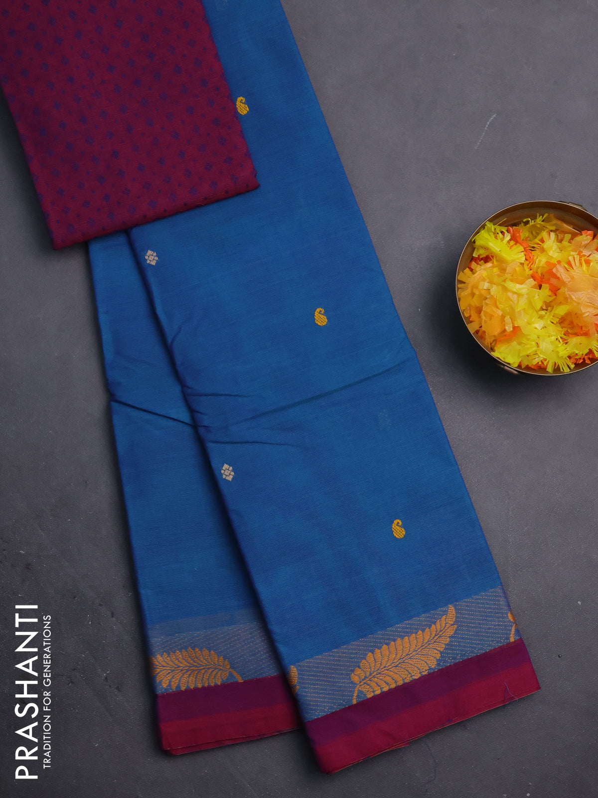 Chettinad cotton saree dual shade of cs blue and dual shade of maroon with thread woven buttas and thread woven simple border