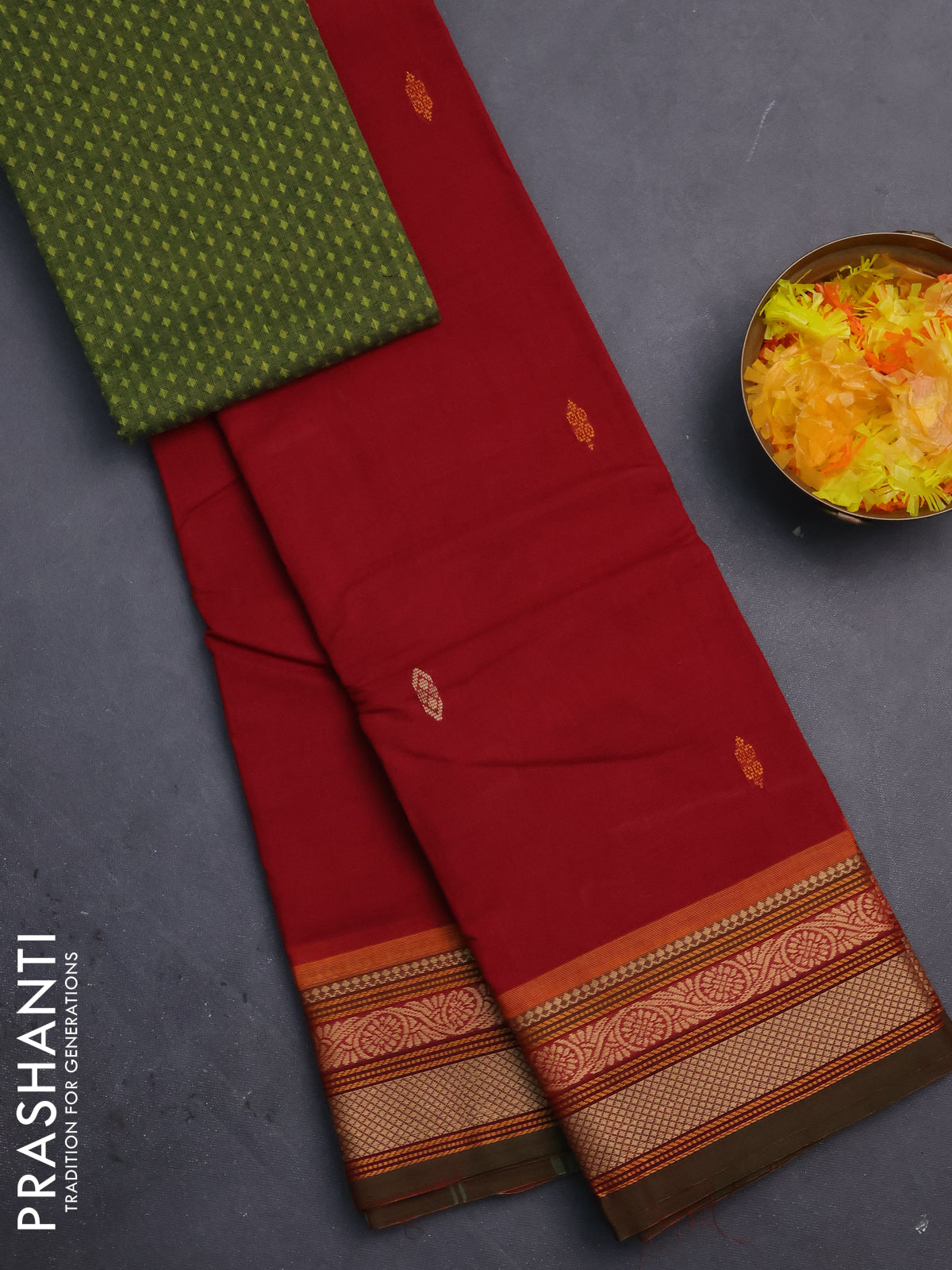 Chettinad cotton saree kumkum red and sap green with thread woven buttas and thread woven border