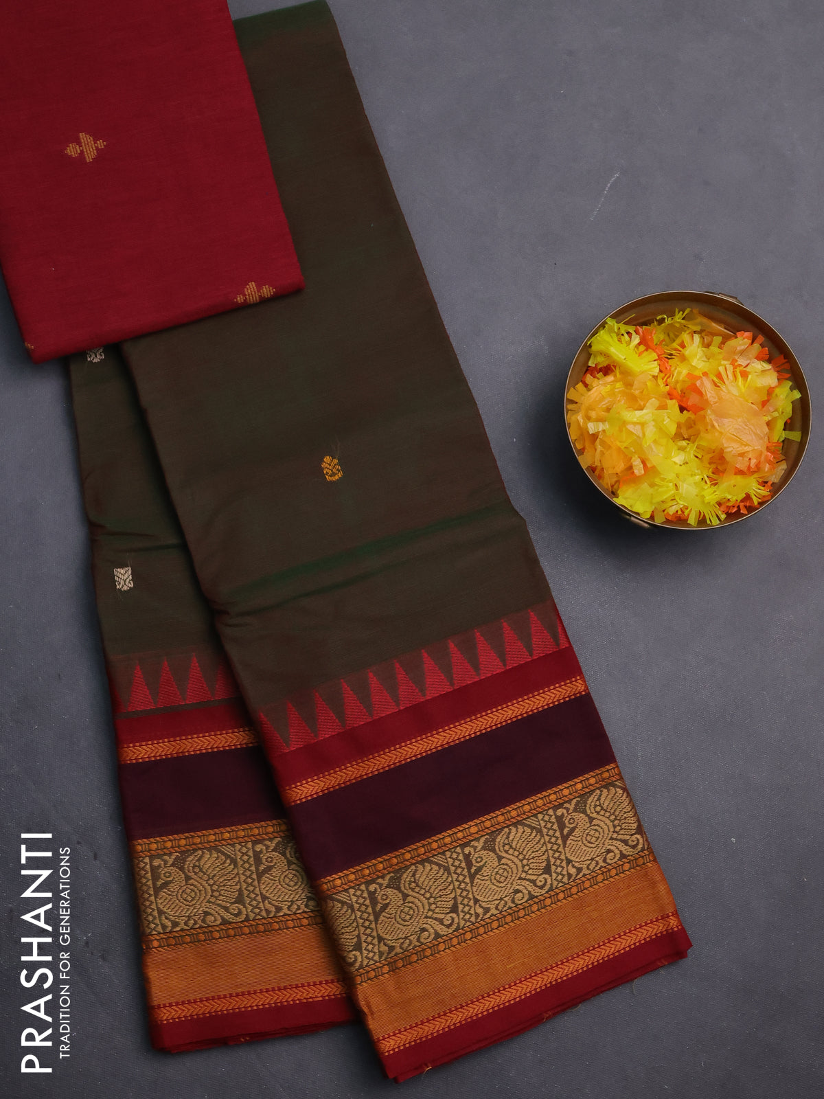Chettinad cotton saree manthulir green and maroon with thread woven buttas and long rettapet thread woven border