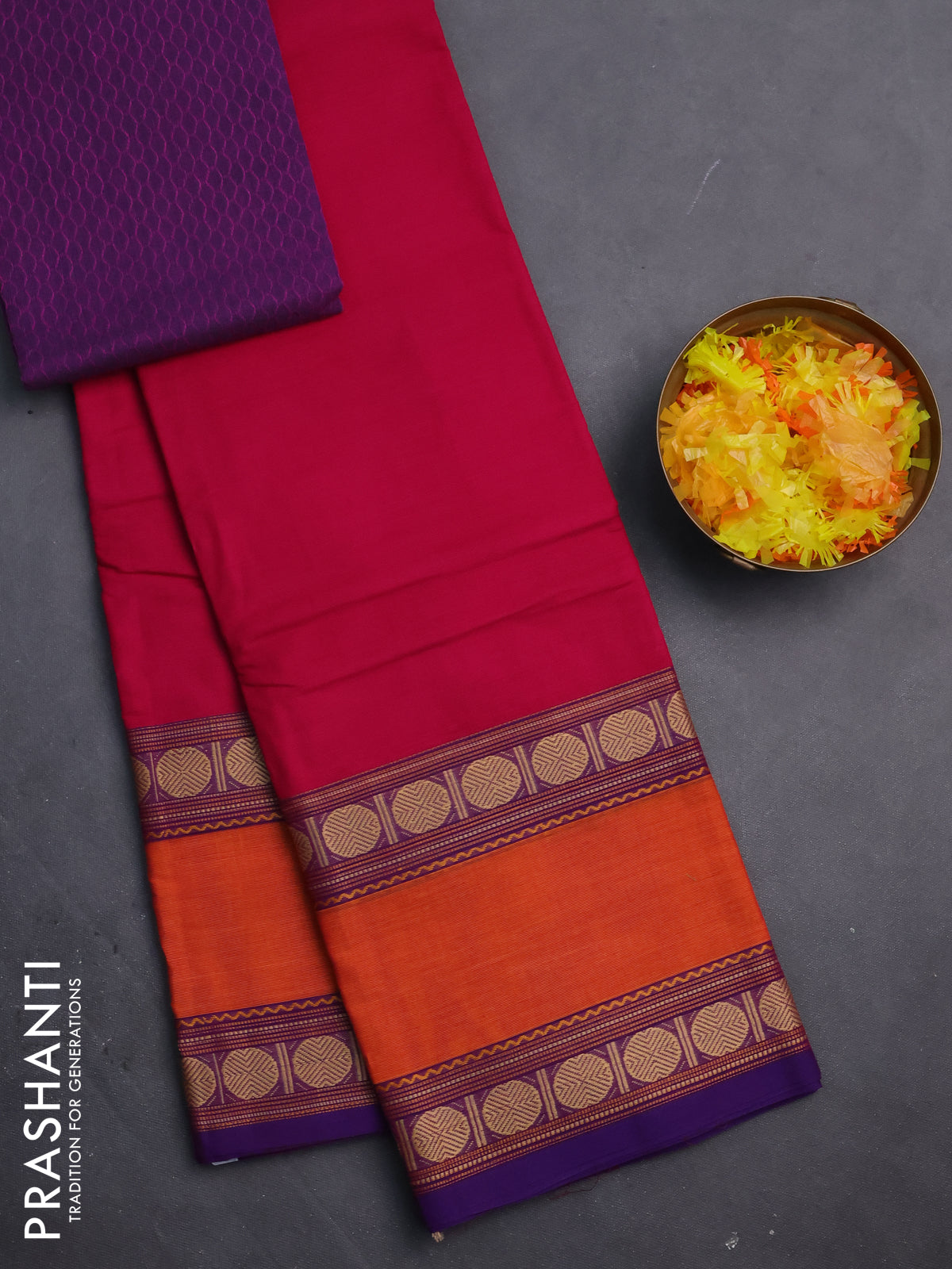 Chettinad cotton saree pink and purple shade with plain body and rettapet thread woven border