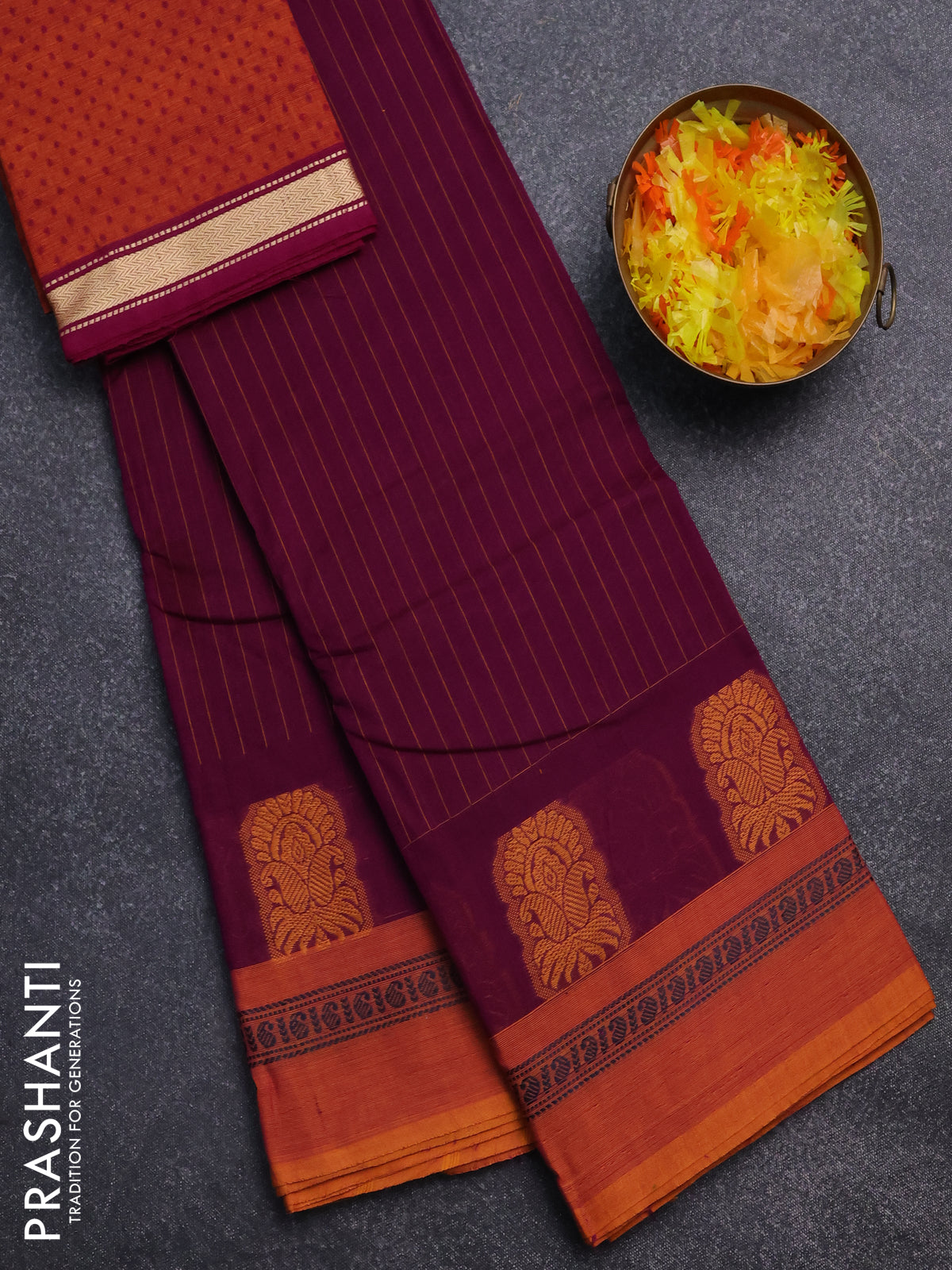 Chettinad cotton saree purple and mustard shade with stripes pattern and thread woven butta border