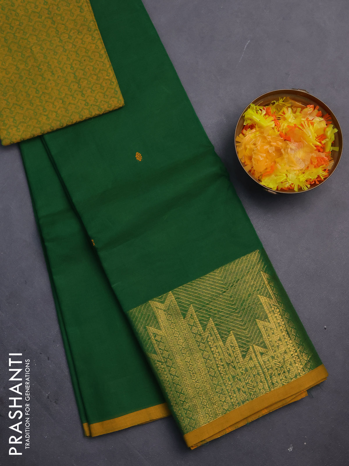 Chettinad cotton saree green and mustard yellow with thread woven buttas and temple design zari woven border