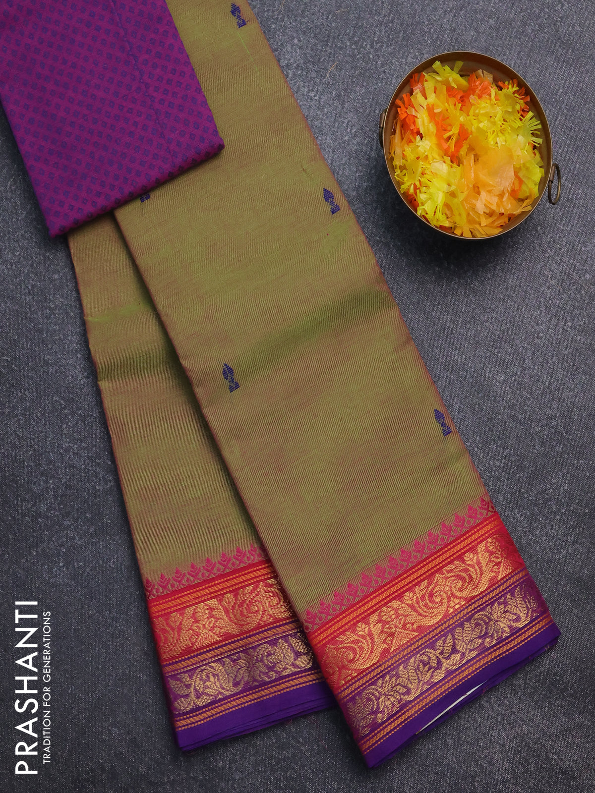 Chettinad cotton saree dual shade of green and blue with thread woven buttas and zari woven border