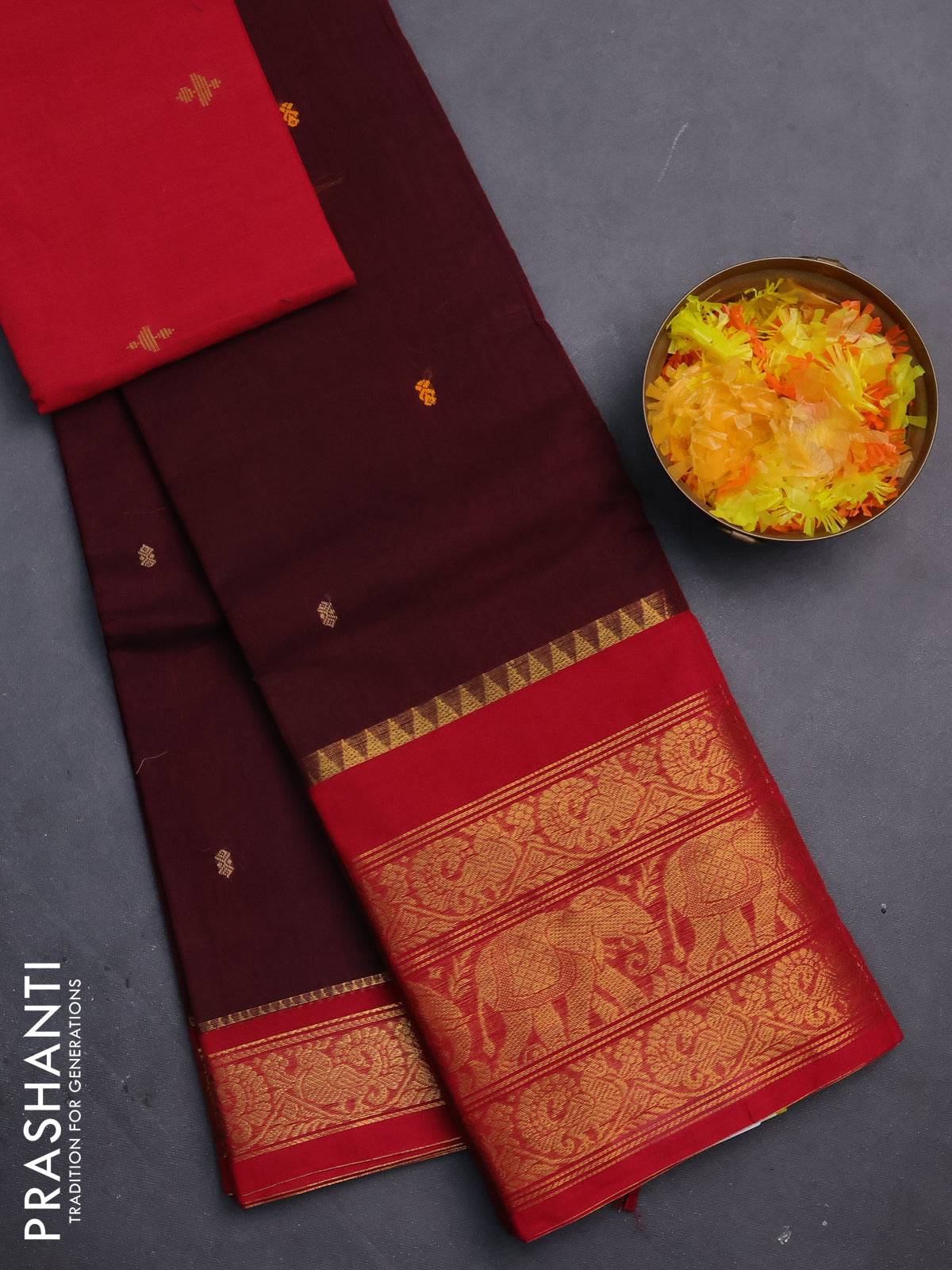 Chettinad cotton saree maroon and red with thread woven buttas and annam & elephant zari woven border