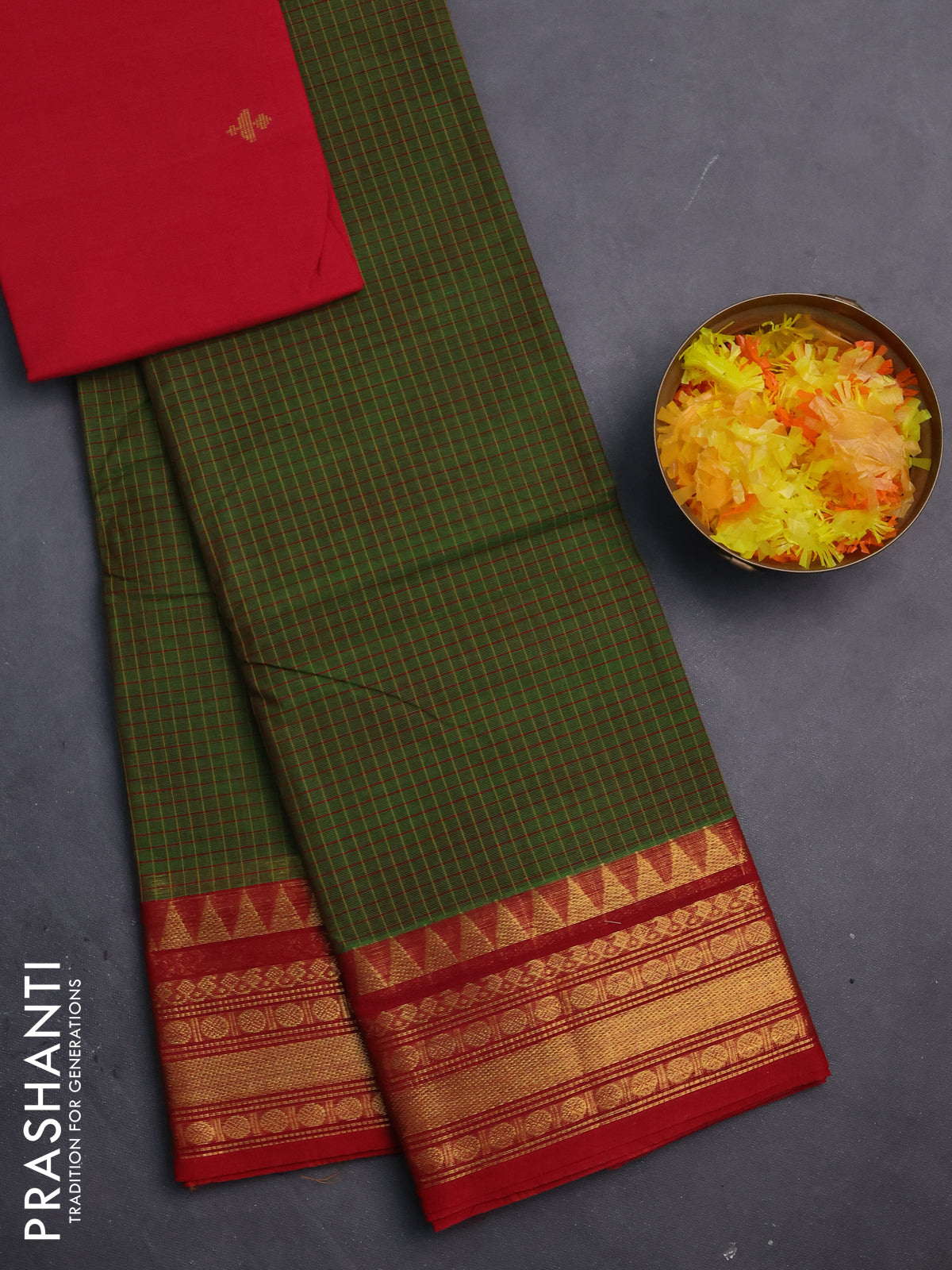 Chettinad cotton saree green and maroon with allover checked pattern and temple disign zari woven border