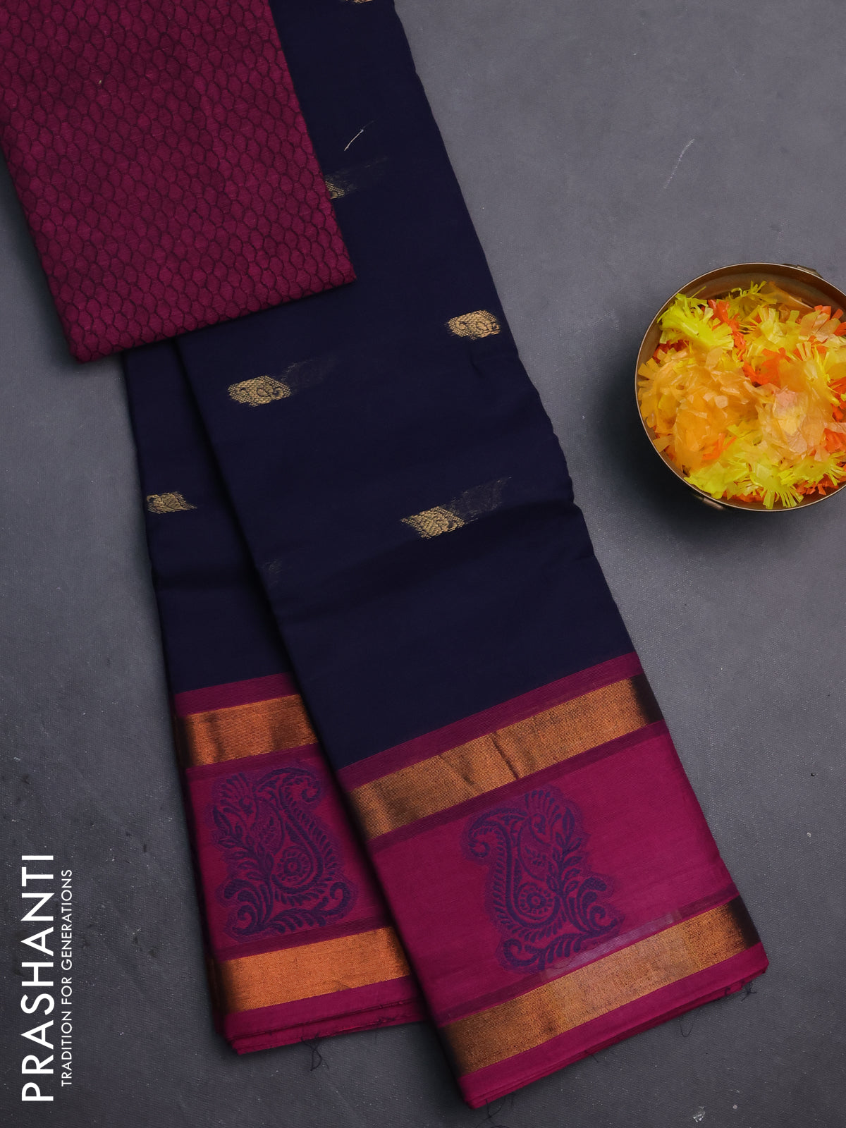 Chettinad cotton saree navy blue and magenta pink with thread woven buttas and rattapet zari woven border