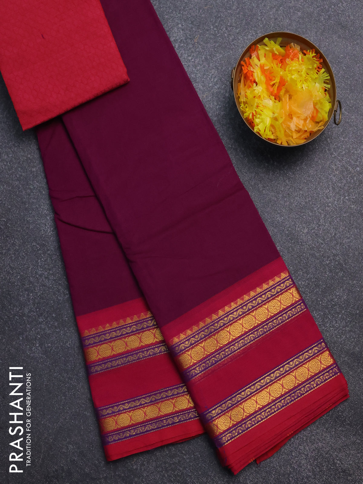Chettinad cotton saree purpel and reddish pink with thread woven buttas and rattapet zari woven border