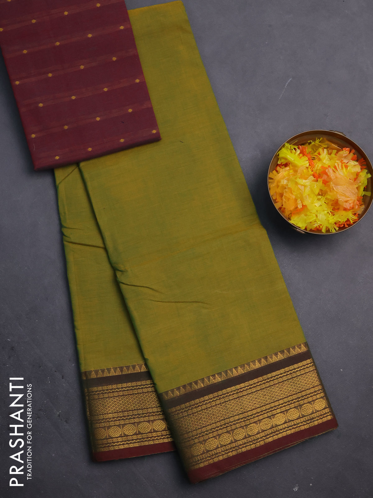 Chettinad cotton saree yellowish green and maroon with thread woven buttas and zari woven border