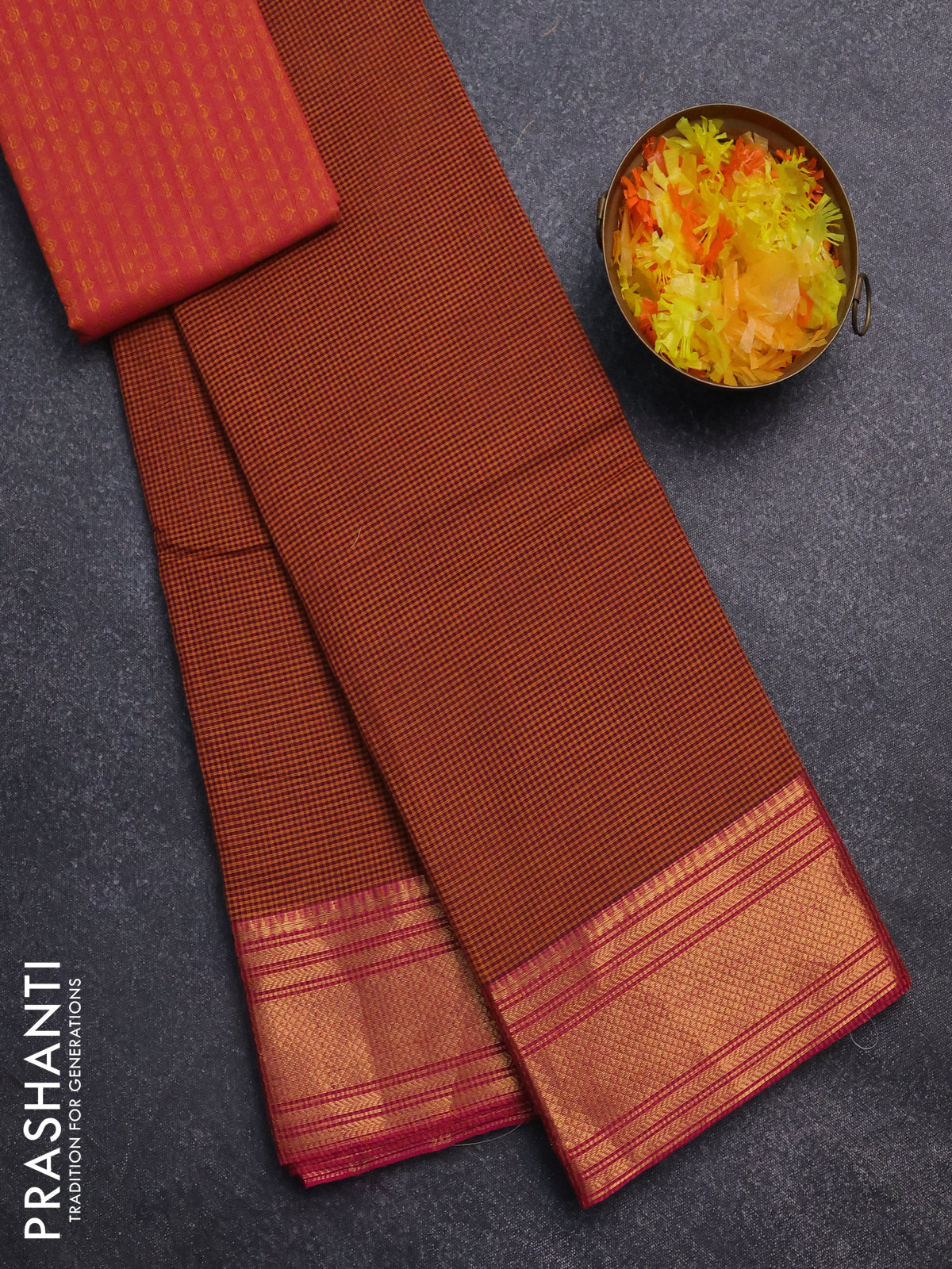 Chettinad cotton saree mustard yellow and pink with allover small checked pattern and zari woven border