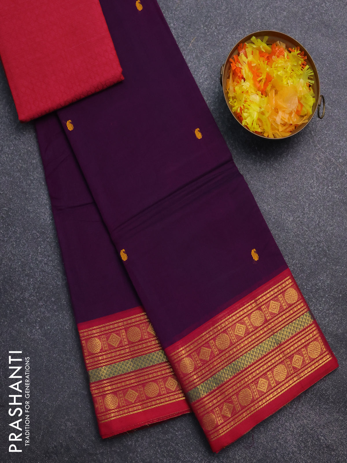 Chettinad cotton saree deep purple and pink with thread woven buttas and zari woven border