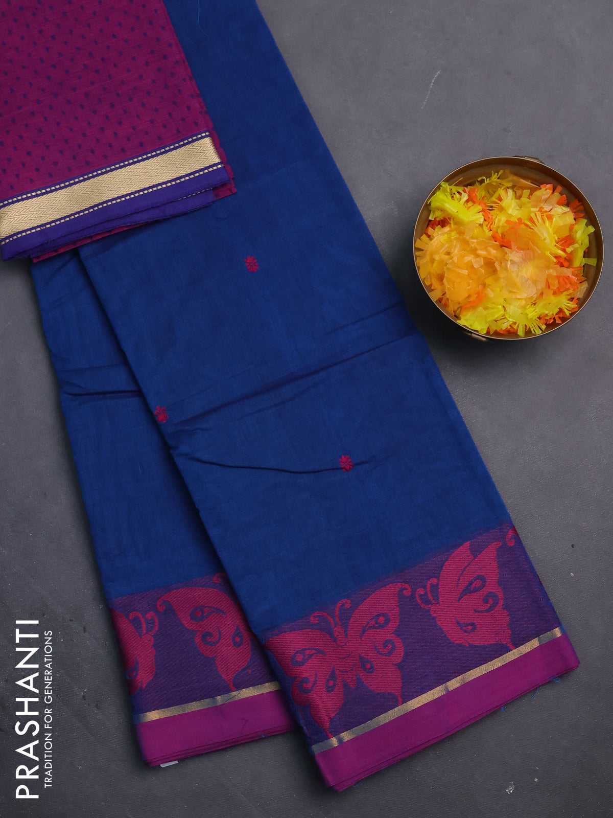 Chettinad cotton saree cs blue and magenta pink with thread woven buttas and thread & zari woven border