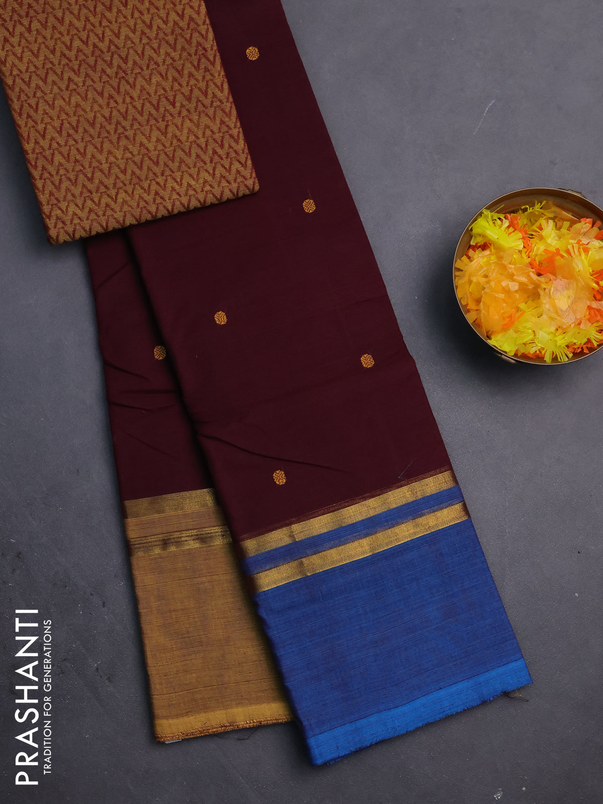 Chettinad cotton saree deep maroon and mustard yellow with thread woven buttas and ganga jamuna border