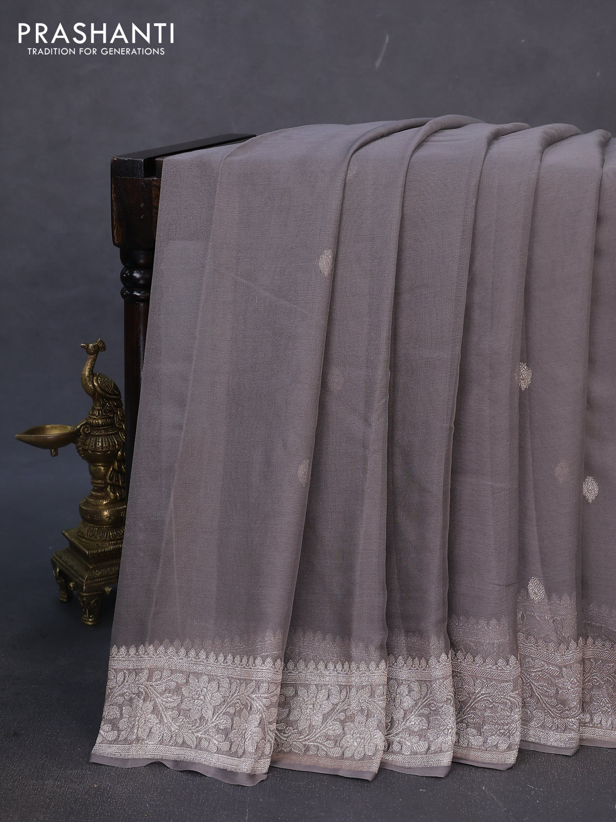 Banarasi chiffon silk saree grey with silver zari woven buttas and silver zari woven border