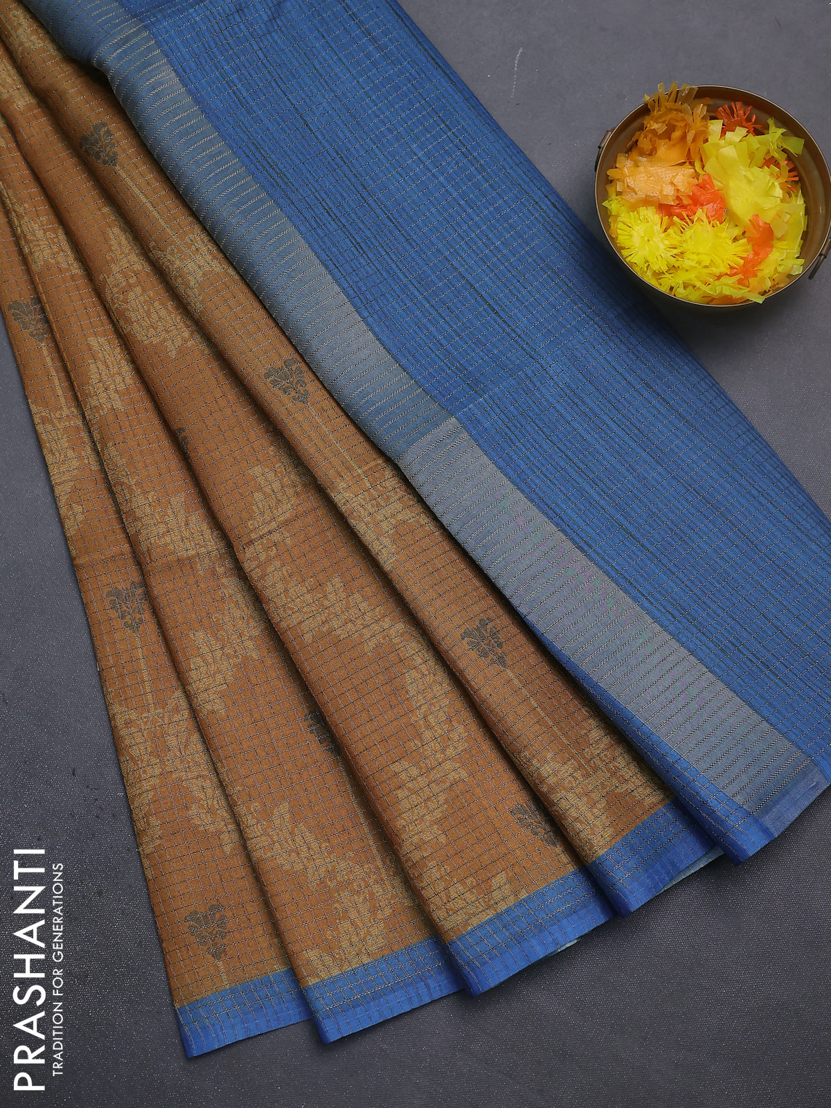 Chappa saree dark mustard and blue with allover small zari checked pattern & prints and piping border