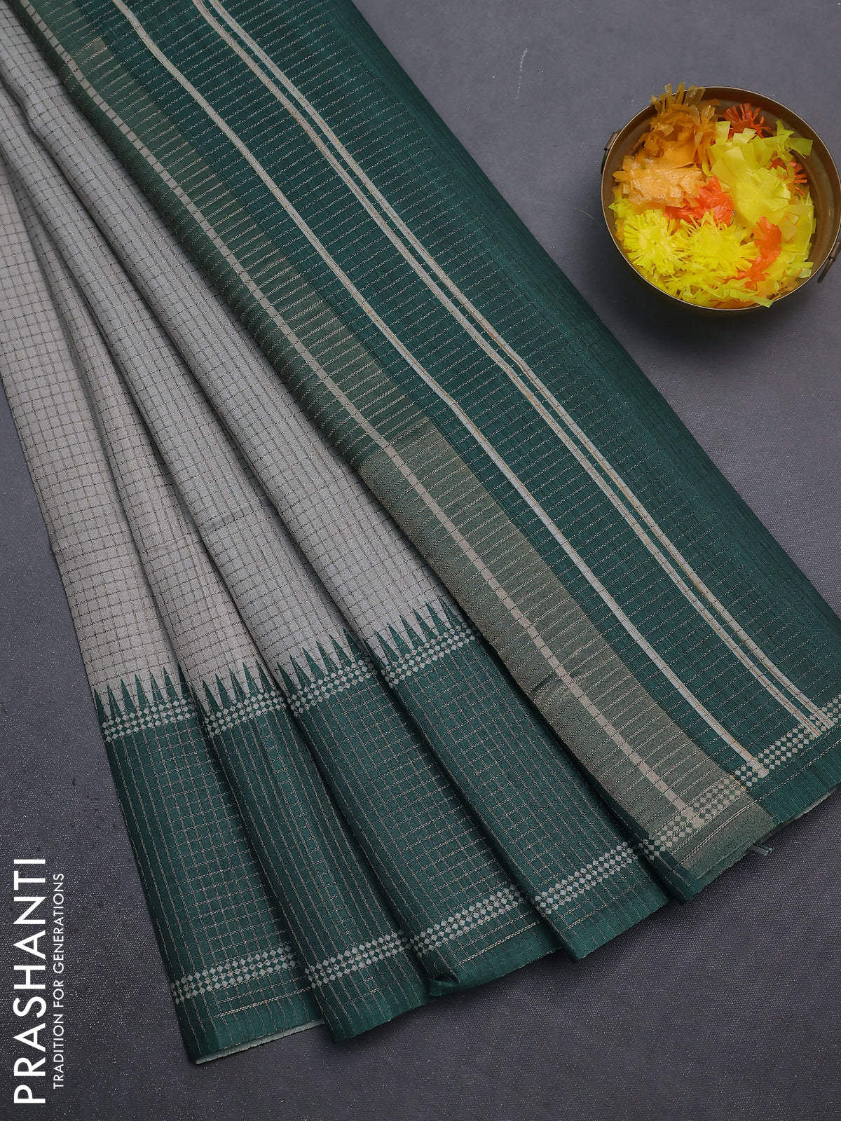 Chappa saree grey and green with allover small zari checked pattern and temple design zari woven border