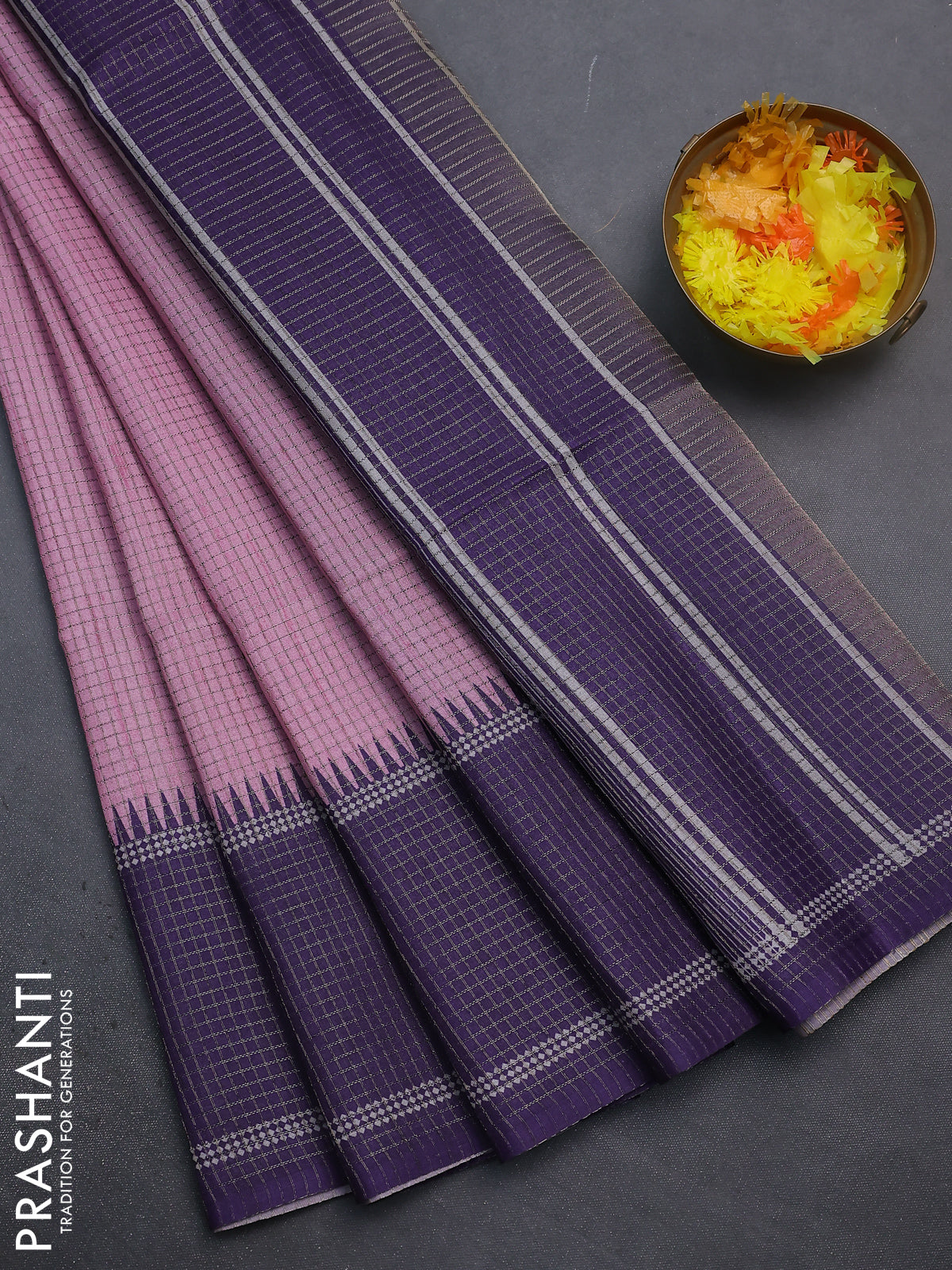 Chappa saree light pink and violet with allover small zari checked pattern and temple design zari woven border